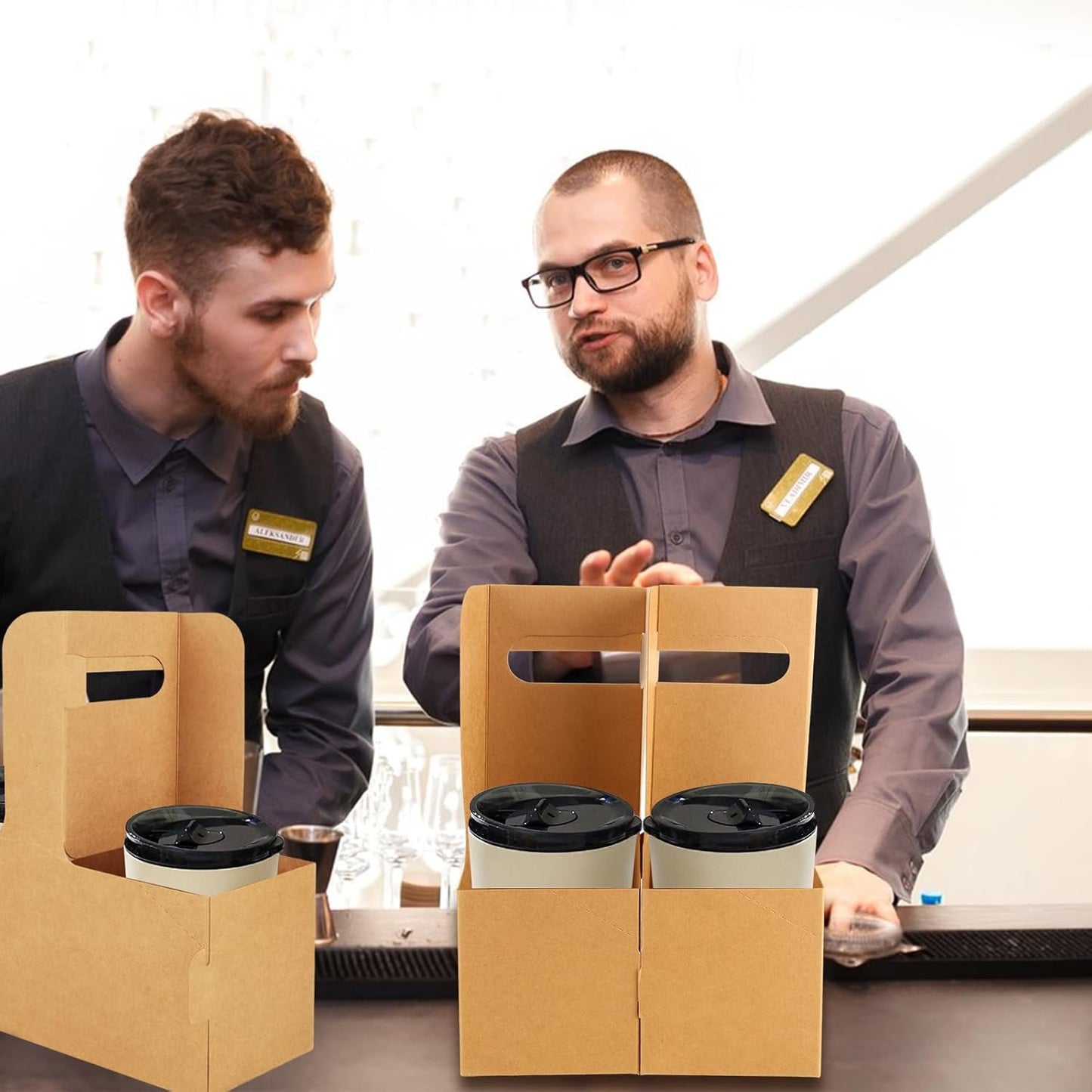 CertBuy 50 Pack 2 Cup Drink Carrier With Handle Kraft Paperboard Cup Holder Disposable Cup For Drinks, Takeout, Cafe And Restaurant Food Service Delivery