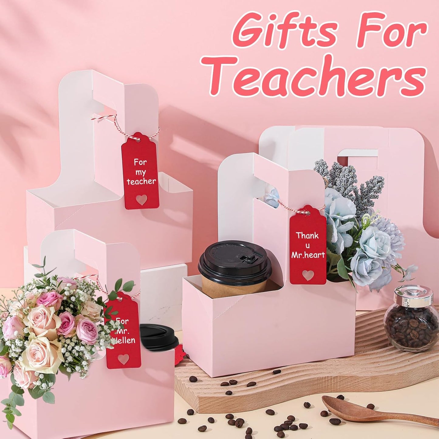 30 Pack 2 Cup Disposable Pink Drink Carrier with Handle Paperboard Coffee Cup Holder Portable for Hot Cold Drinks Food Delivery Services with Heart Card for Teacher Appreciation Week Mother's Day