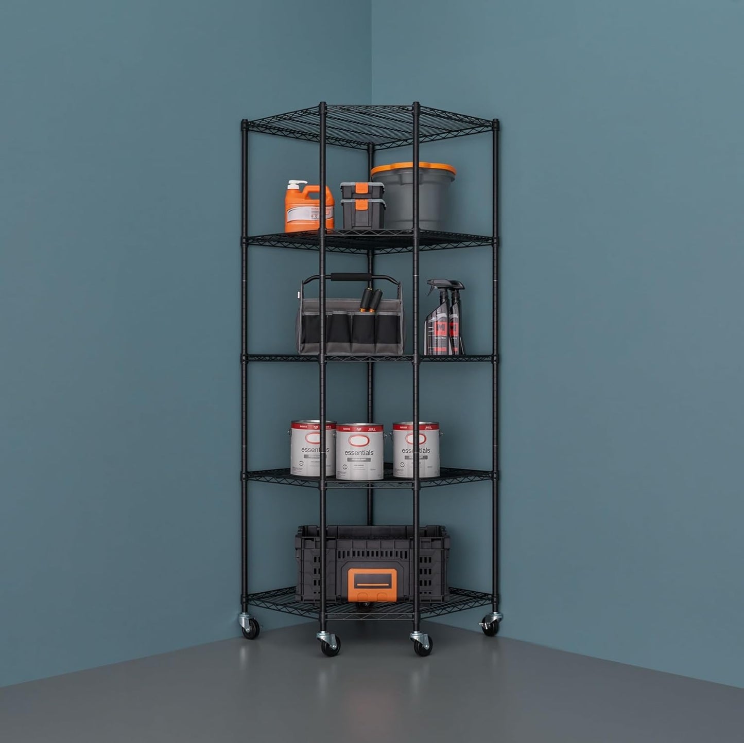 5-Tier Adjustable Wire Shelving with Wheels, Corner Wire Shelf Rack for Kitchen Organization, Garage Storage, 400 to 2000lb Capacity, NSF Certified, 27”x27 x18”x72”, Black