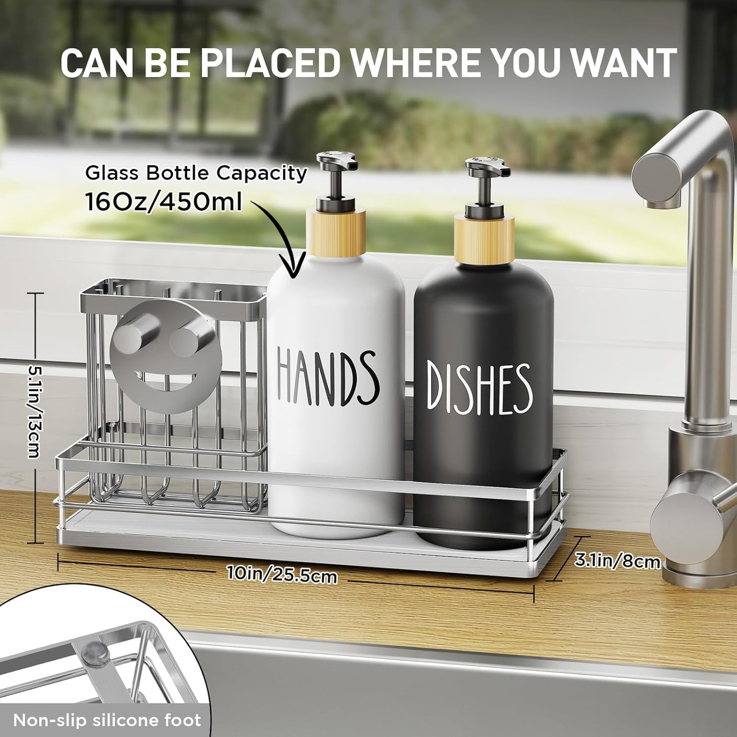 Moforoco Kitchen Dish Soap Dispenser Set, 16OZ Glass Bottle, Hand and Dish Soap Dispenser Set, Instant Dry Tray, Non-Slip Silicone Pad, Brush Holder with Smiley Face Sponge Holder, Kitchen Decor