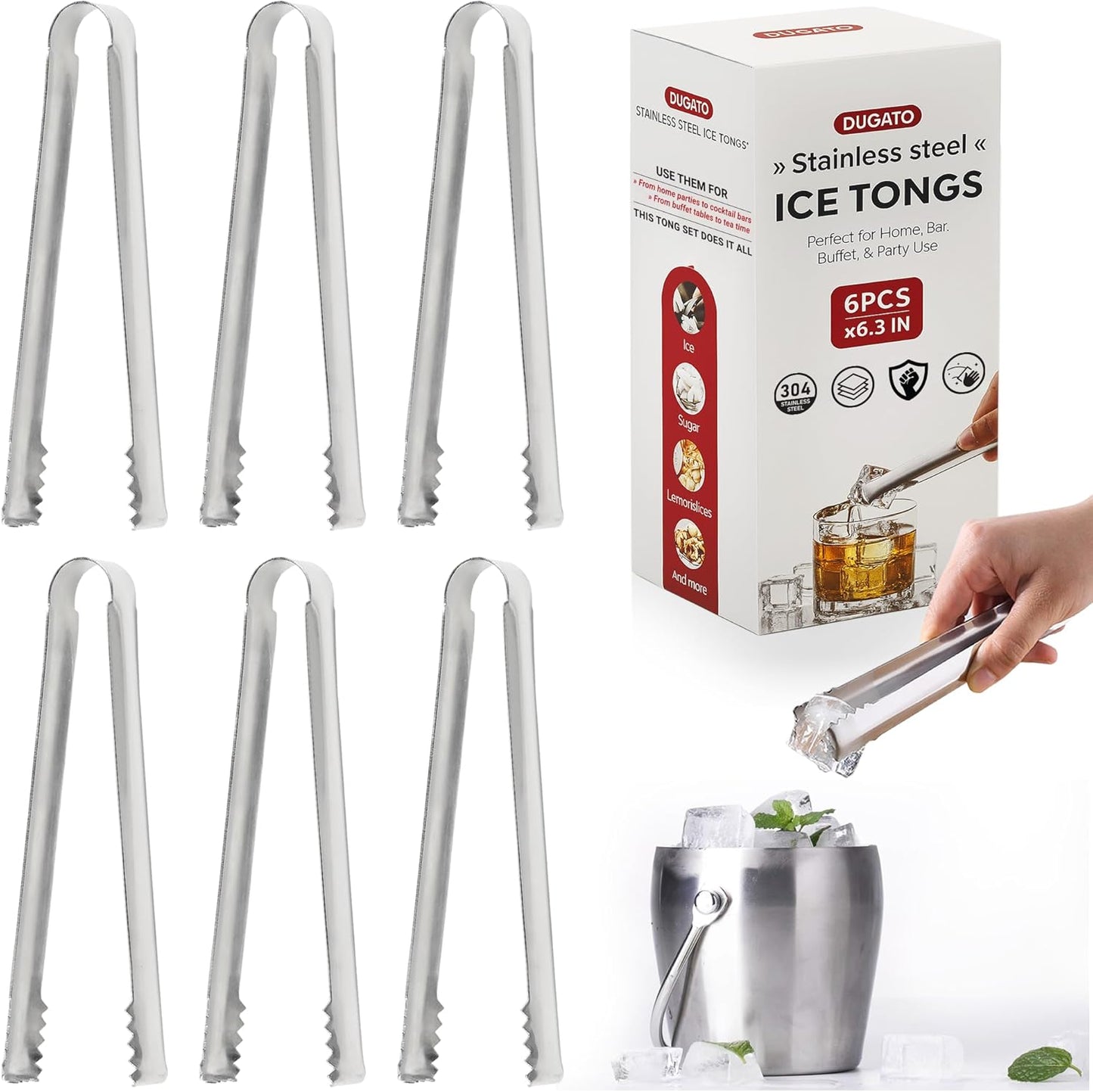 DUGATO Stainless Steel Cocktail Tongs (6 Pack, 6.3 inch) - Small Bar Ice Tongs with Sharp Grip Teeth for Ice Buckets, Sugar, Olives & Garnishes - Party Essentials