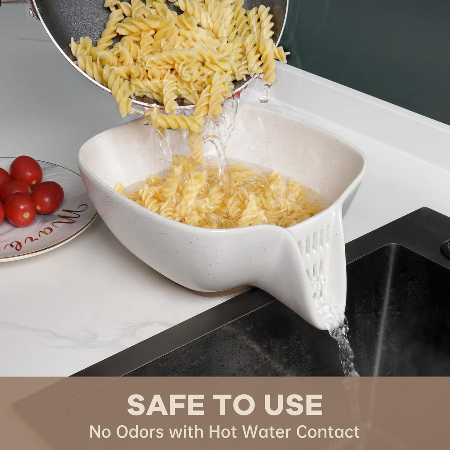 NiHome Ceramic Food Strainer with Integrated Drain Spout, Large Capacity Colander for Vegetables, Fruits, Pasta & More, Heat-Resistant, Crack-Proof, Easy to Clean, Dishwasher-Safe (Speckled White)