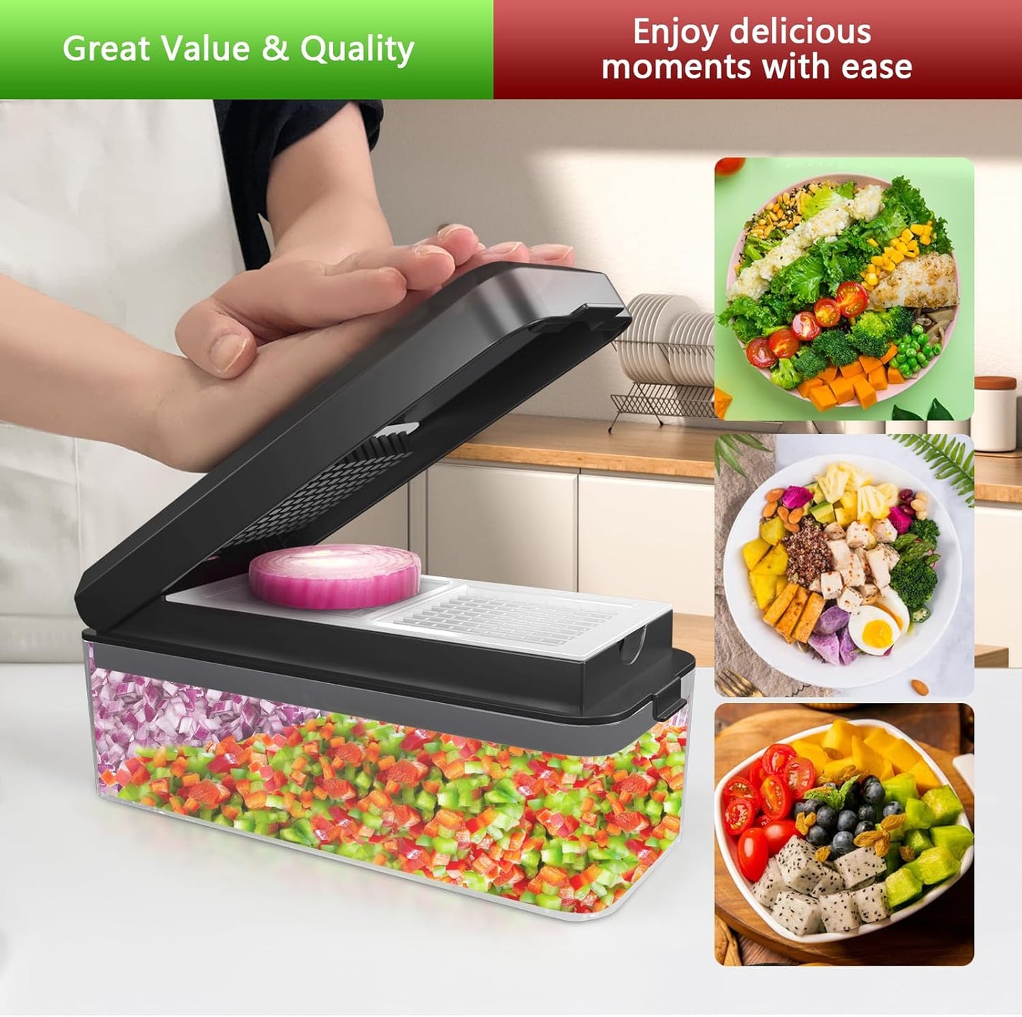 Vegetable Chopper, Onion Chopper Dicer, Mandoline Slicer, Food Chopper with Container, Vegetable Cutter for Salad Potato Carrot Garlic（10 Blades, Black White）