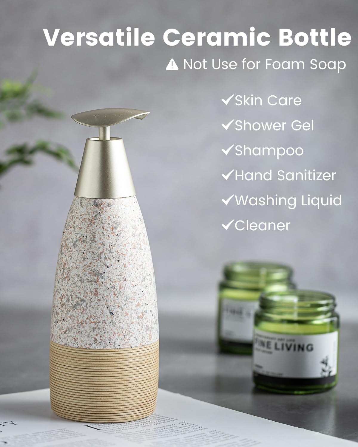 Soap Dispenser Set for Shower, Ceramic Refillable Soap Bottle for Shampoo, Conditioner, Bathroom & Kitchen, Includes Silicone Funnel, Plastic and Stainless Steel Pump, Granite Peach Blossom, 12 oz