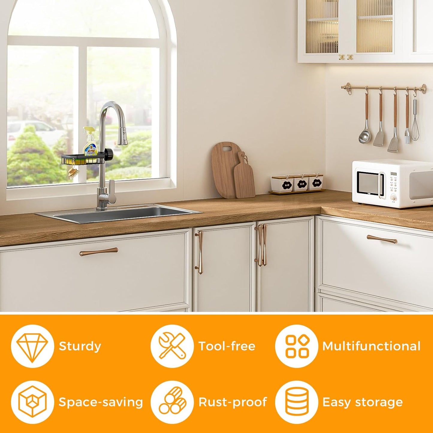 LONIN Sponge Holder Over Faucet Kitchen Sink Caddy Organizer, Stainless Steel Detachable Hanging Faucet Drain Rack for Bathroom, Scrubbers, Soap, (Black)