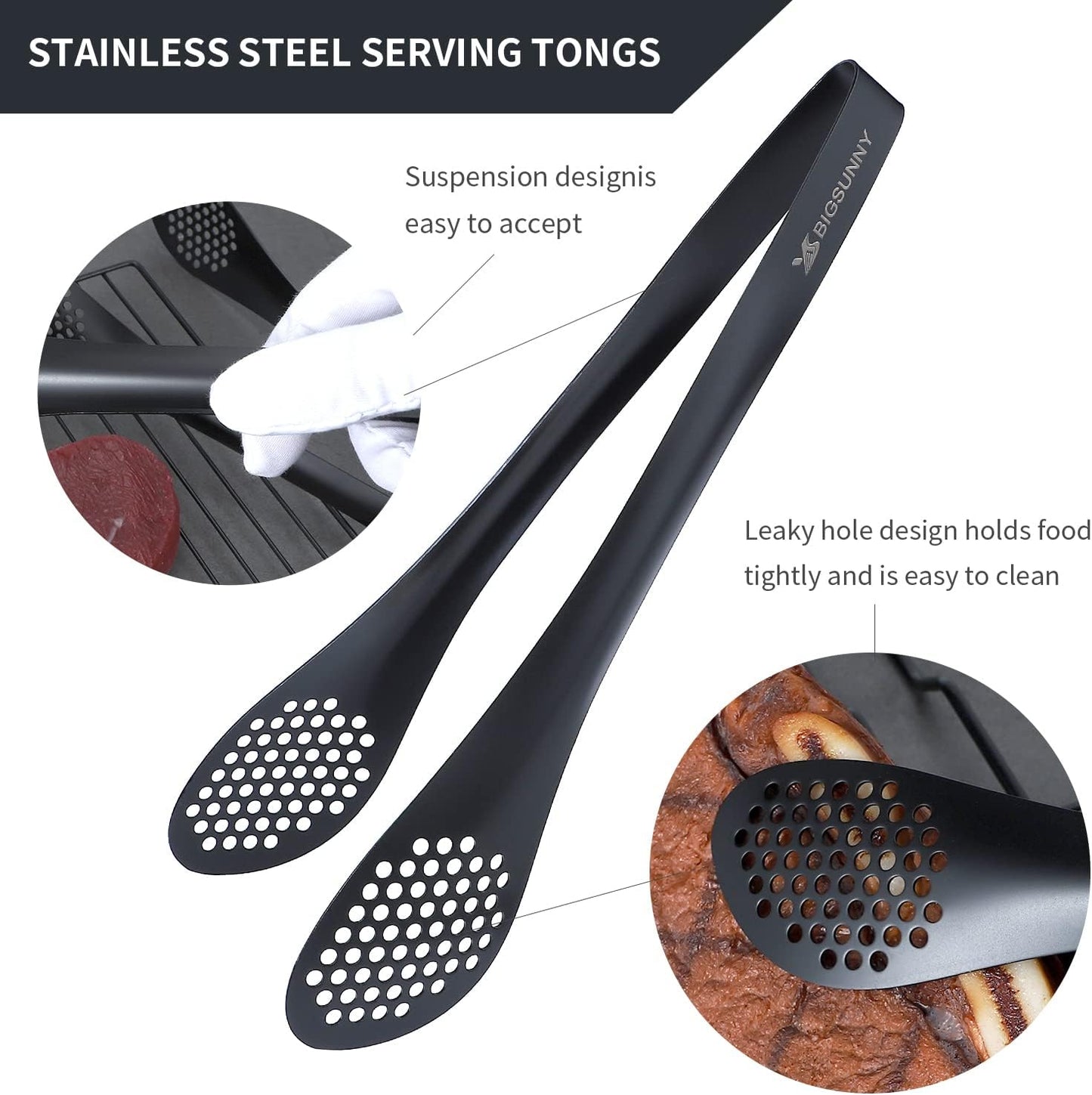 MSY BIGSUNNY Stainless Steel Buffet Tongs - Heavy Duty Kitchen Food Tong for Cooking and Serving (Black - 11" Serving Tongs)