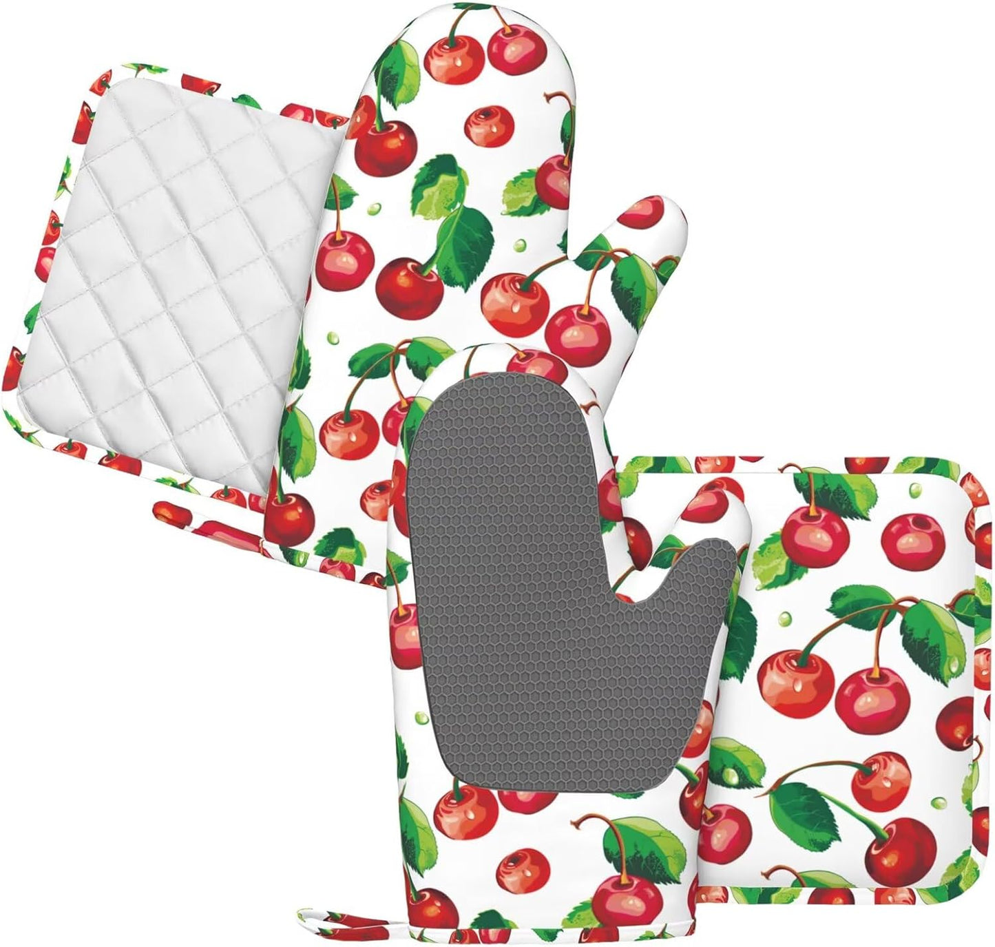 Red Cherry Oven Mitts and Pot Holders Set of 4 Silicone Cherries Kitchen Mitten Gloves and Non-Slip Potholders Set Heat Resistant Oven Gloves Hot Holders for Kitchen
