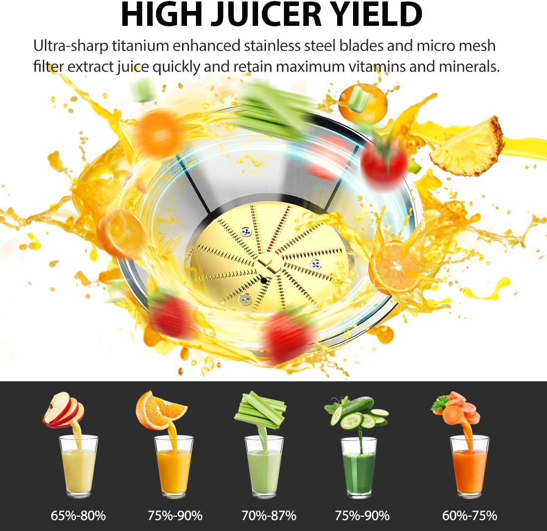 1300W KOIOS Centrifugal Juicer Machines, Juice Extractor with Extra Large 3inch Feed Chute, Full Copper Motor, Titanium-Plated Filter, High Juice Yield, 3 Speeds Mode, Brush included, Non-BPA, Green