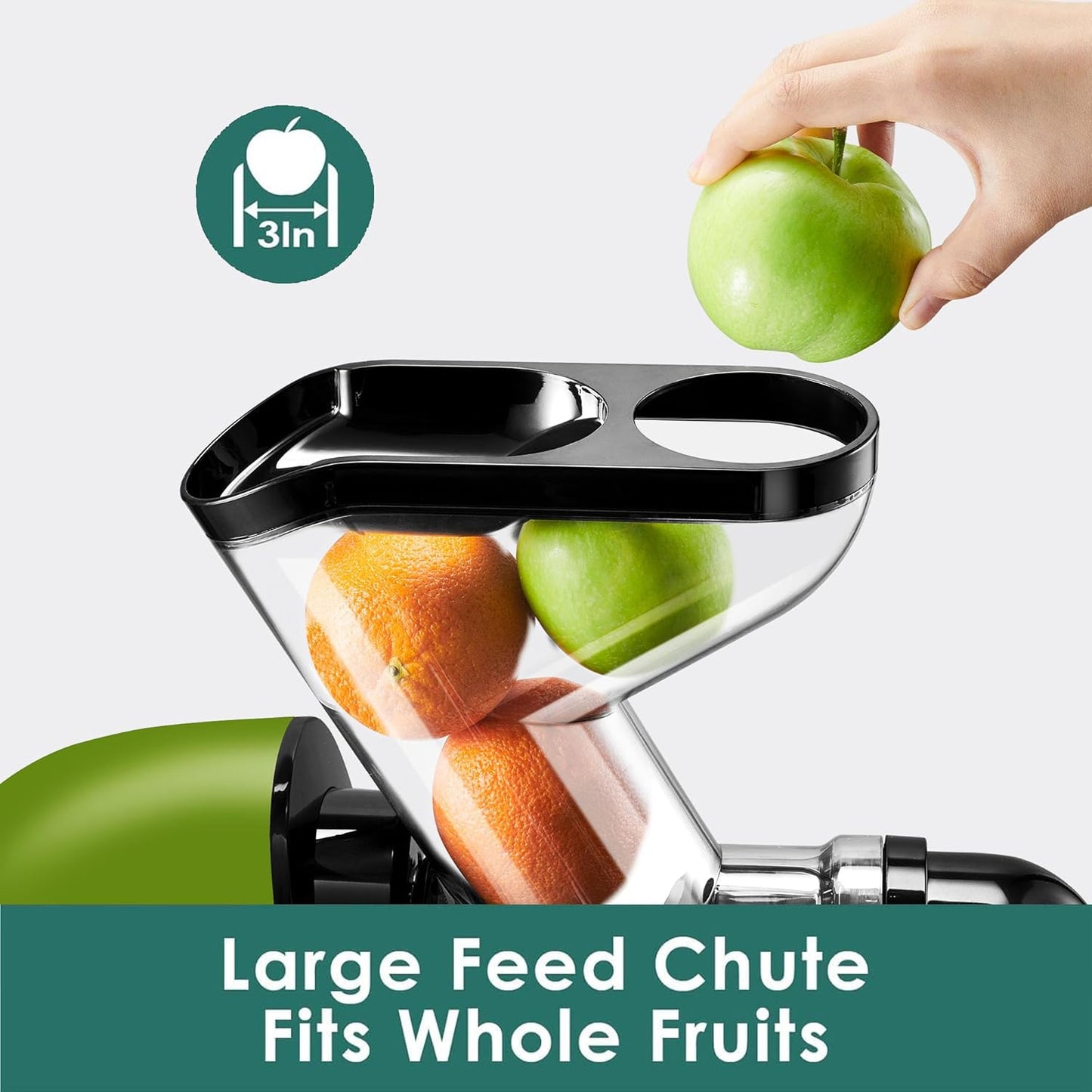 Cold Press Juicer, Masticating Slow Juicer,Juicer Machines Vegetable and Fruit, 3-Inch Wide Feeding Chute, BPA Free Easy to Clean,Quiet and Strong DC Power, 200W(Dark Green)