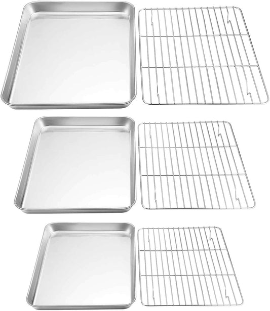 TeamFar Baking Sheet with Rack Set, Stainless Steel Cookie Sheet Baking Pans with Cooling Rack, Non Toxic & Healthy, Rust Free & Heavy Duty, Mirror Finish & Easy Clean, Dishwasher Safe - 6 Pieces