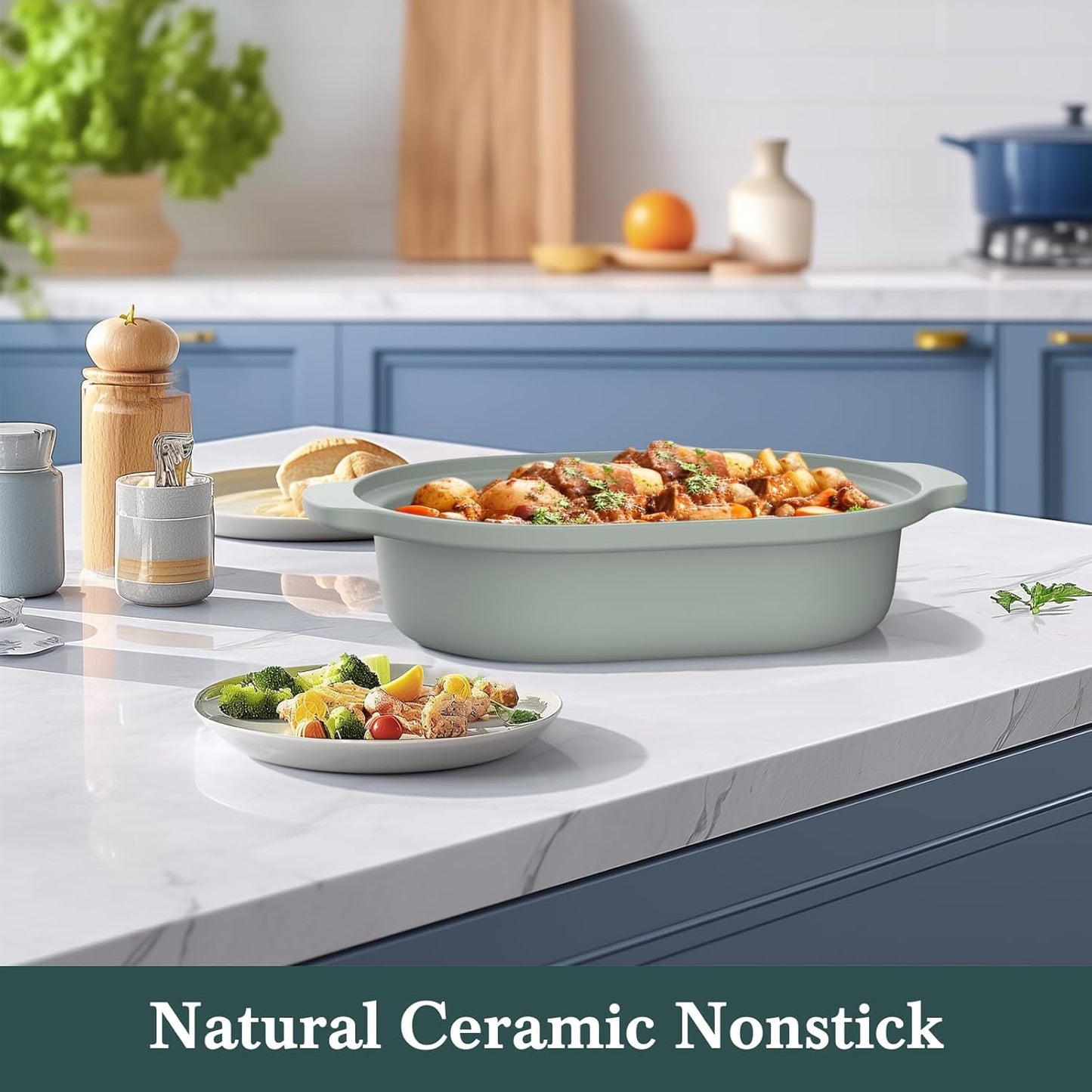 MAGNIFIQUE 4 Quart Claypot Multi-Cooker, with 8-in-1 Casserole Programmable Slow Cooker, Dutch Oven, Pasta, Nonstick Oven Safe Pot to 450°F, Olive