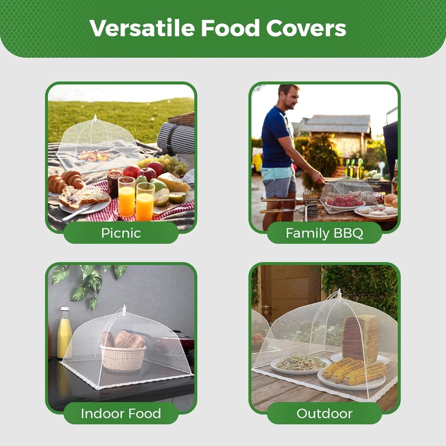 Simply Genius Mesh Food Covers for Outdoors - 2 Jumbo (39x24 in) & 4 Large (17x17 in), White Collapsible 6-Pack - Pop-Up Reusable Food Nets & Tents for Outdoor Serving & Picnics with Bug Protection