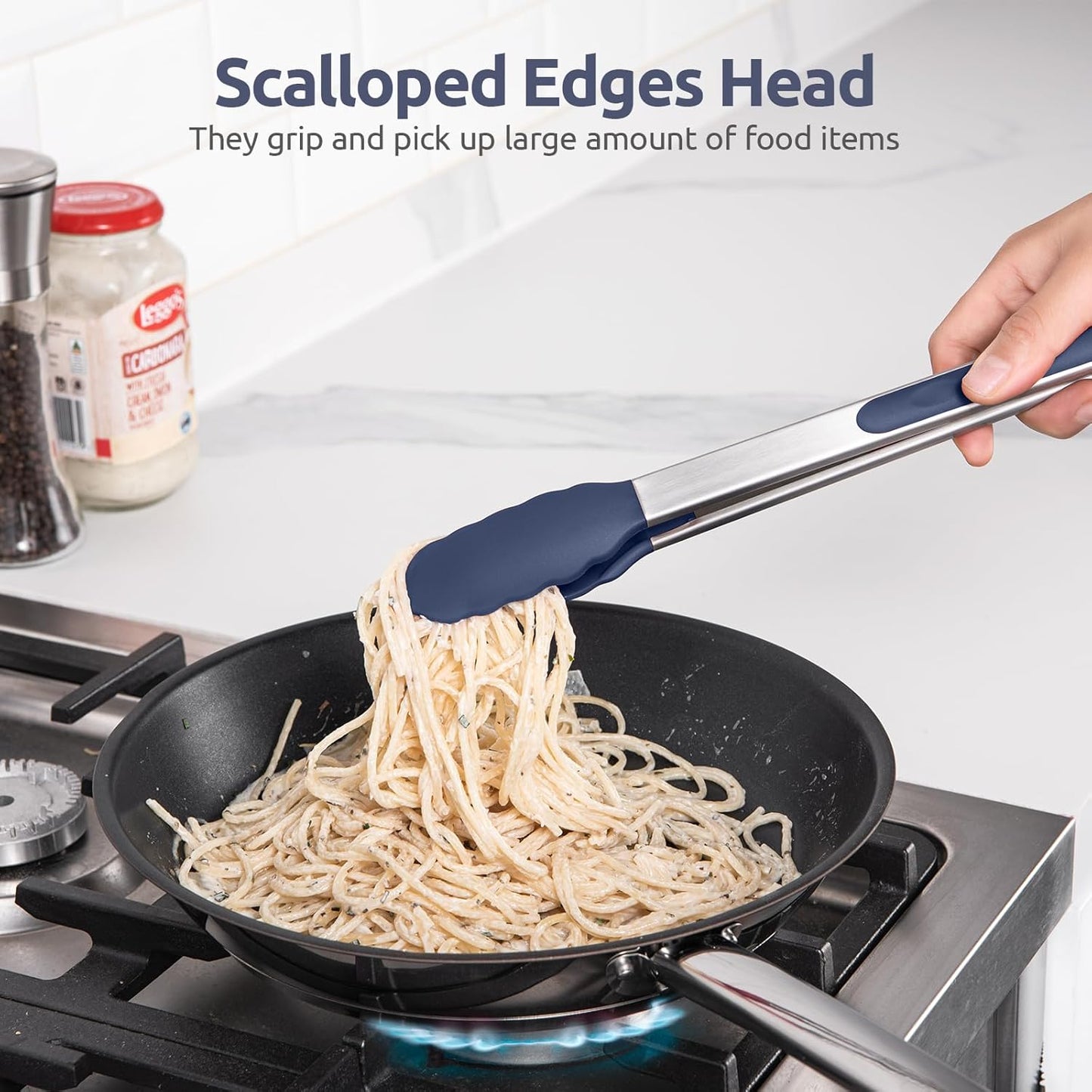 600ºF Heat Resistant Kitchen Tongs: U-Taste 7/9/12 inch Silicone Cooking Tong Set with Non Stick Rubber Tips and Silicon Coated 18/8 Stainless Steel Handle for Serving Grilling Salad(Midnight Blue)