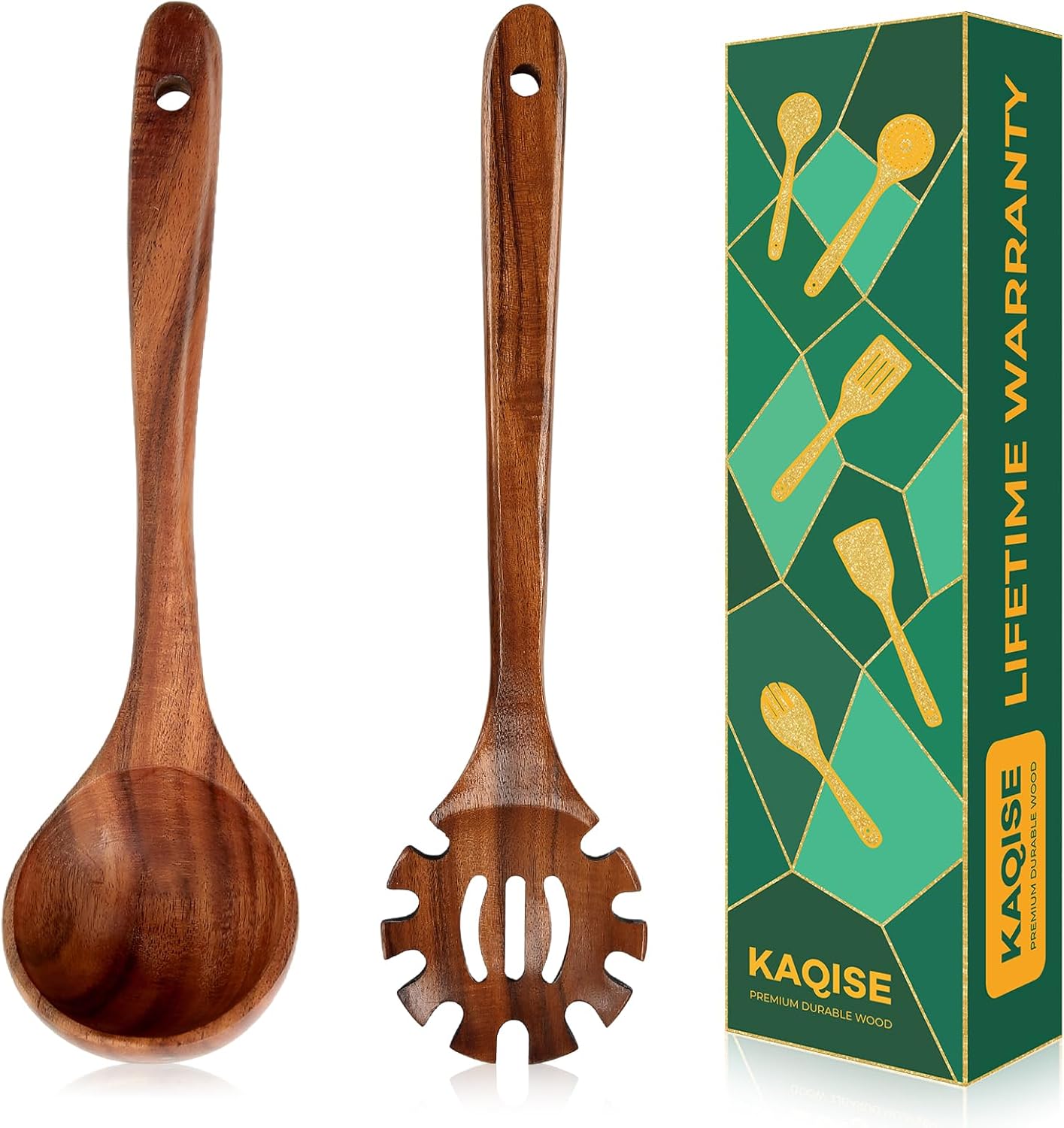 Wooden Spoons for Cooking, 2PCS Natural Teak Wooden Utensils, NonStick Kitchen Utensils Set for Stirring,Serving Spaghetti, Soup, Sauce (Ladle & Pasta Fork)