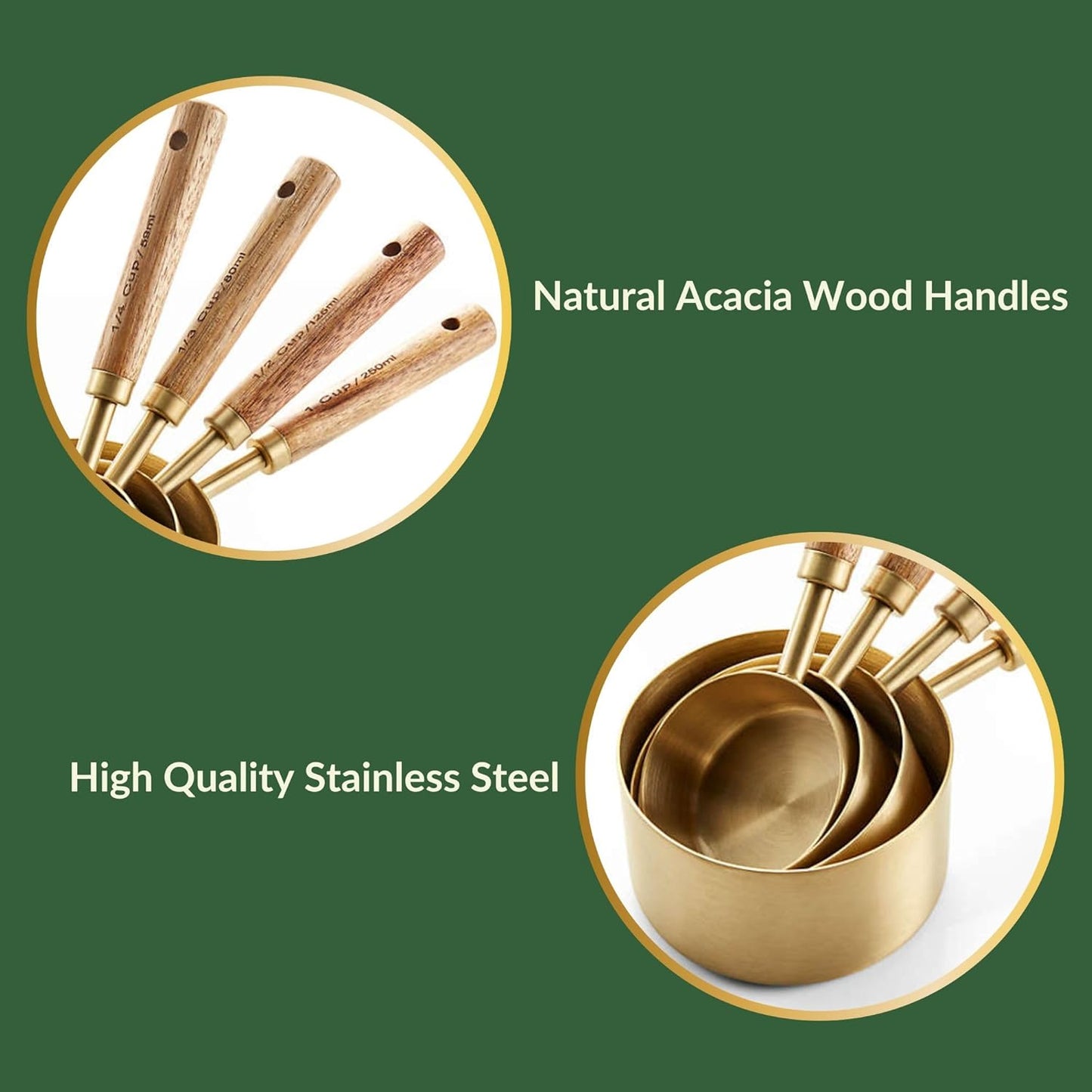 NAZANIN 9-Piece Gold Measuring Cups and Spoons Set – Acacia Wood & Gold Stainless Steel, Premium Baking Tools with Leveler for Kitchen, Cooking & Baking