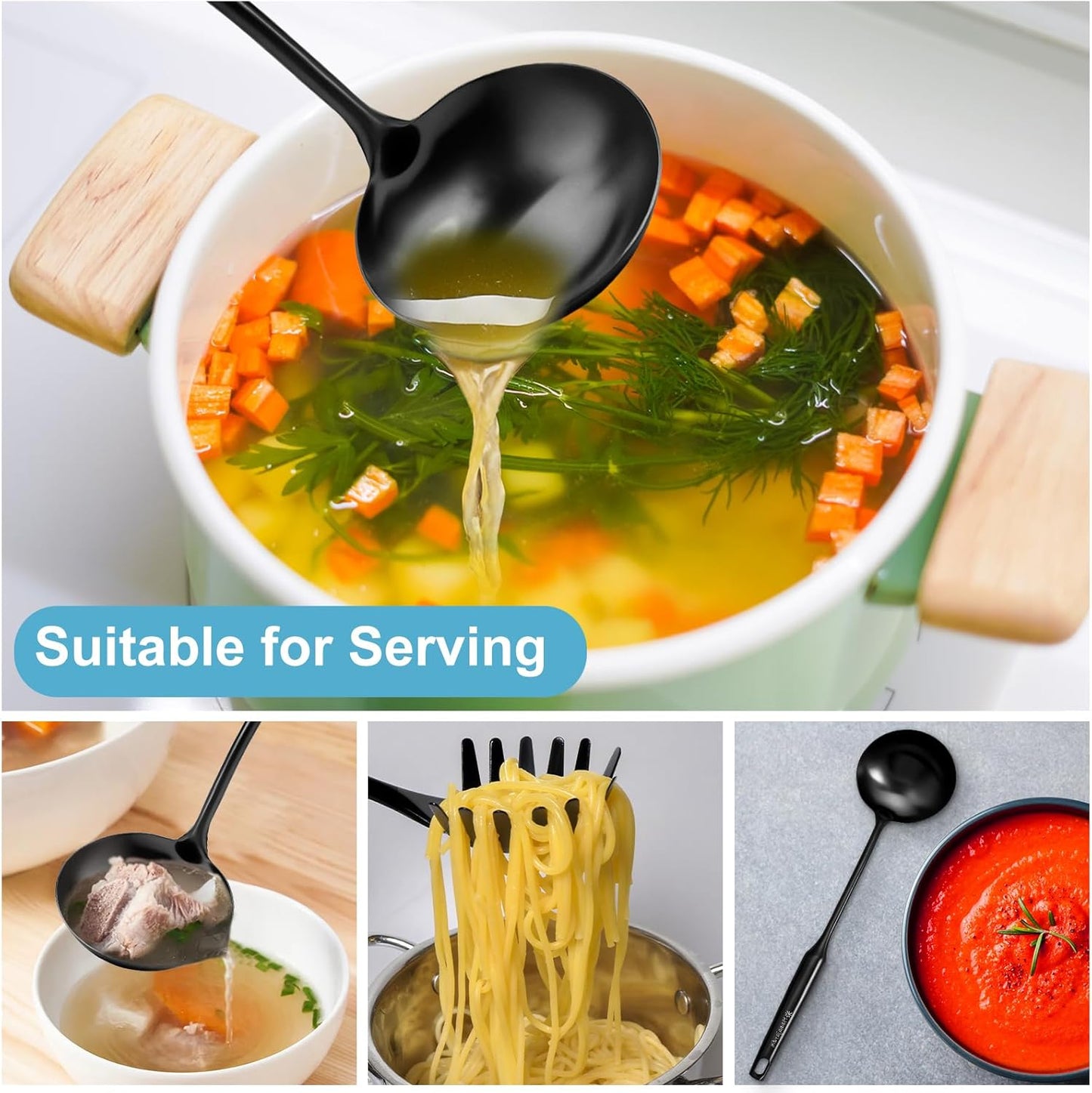 Soup Ladle - 18/10 Stainless Steel Ladle Spoon, 13.8" Soup Spoons [ Integral Forming, Heat Resistance] Resilient Kitchen Metal Ladel for Cooking, Serving, Stirring, Canning，Sauce, Wok & Soup，Black