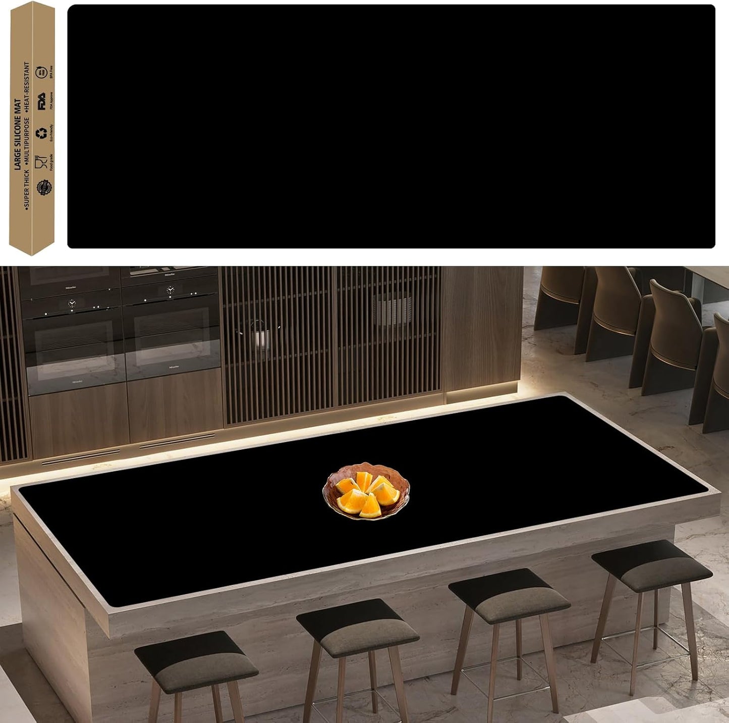 Super Large Silicone Mat, 120"x24" Silicone Mats for Kitchen Counter, Non-slip Heat Resistant Mat,Thicken Kitchen Counter Mat, Waterproof Countertop Protector for Craft (Black)