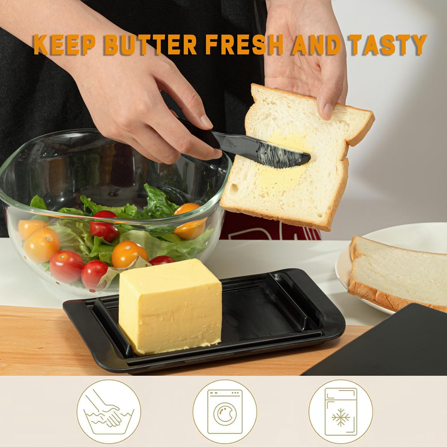 Butter Dish with Lid, Large Butter Dish with Lid for Countertop Built-in Knife Slot Butter Keeper for Kitchen or Fridge, Bamboo Fiber Butter Tray, Butter Holder for 2 Sticks(Black, Large)