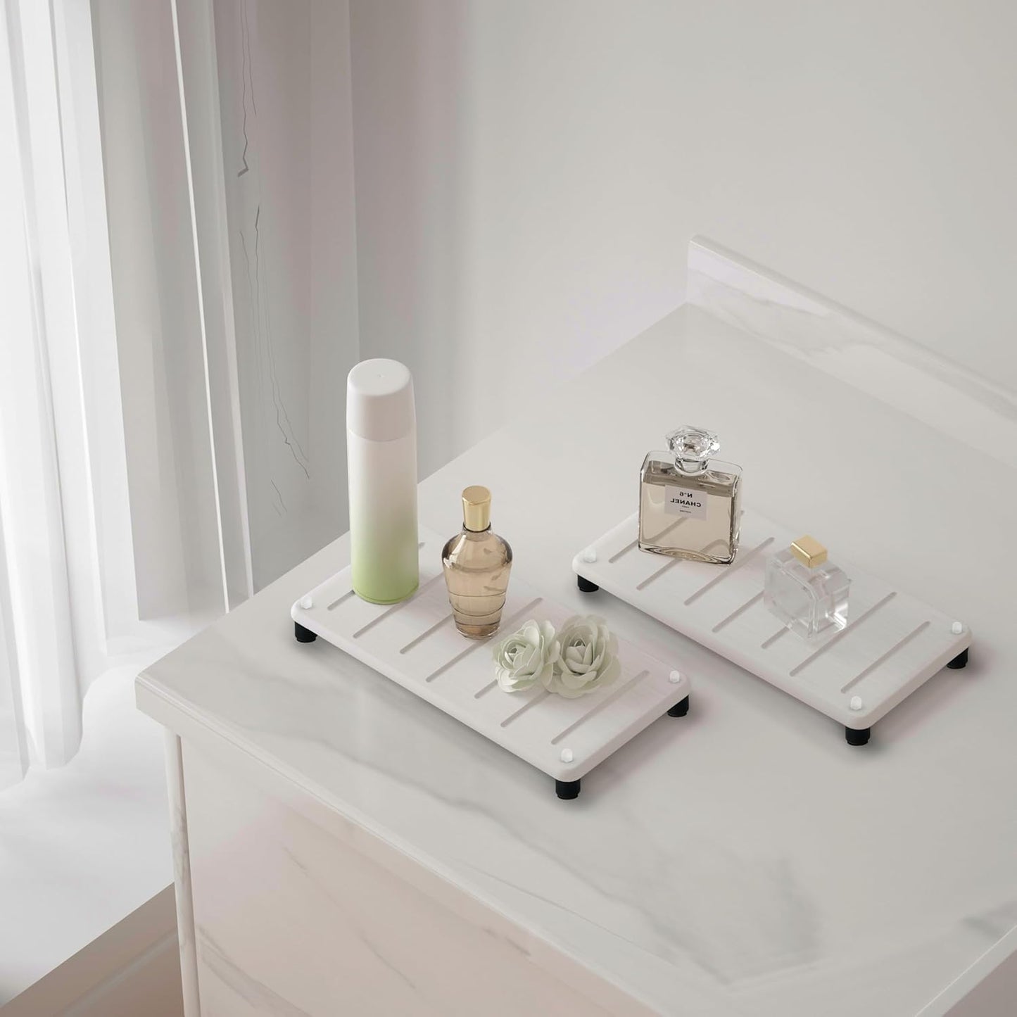 2PCS Water Absorbing Stone Drying Mat for Bathroom Sink & Kitchen Counter Organizer, Instant Dry Soap Dispenser Sponge Holder, Sink Caddy, Vanity Tray (10"x5"-White)