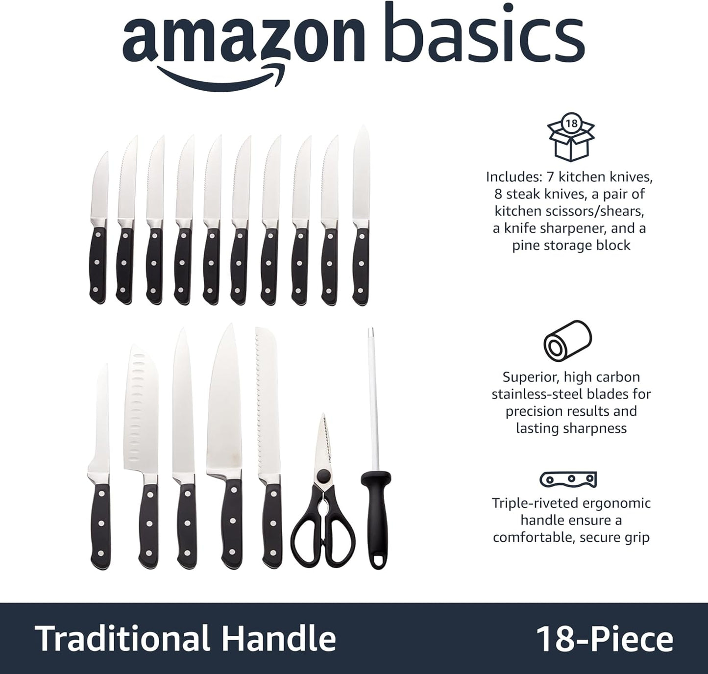 Amazon Basics 18 Pieces Premium High-Carbon Stainless Steel Blades with Pine Wood Knife Block Set,Kitchen, Black