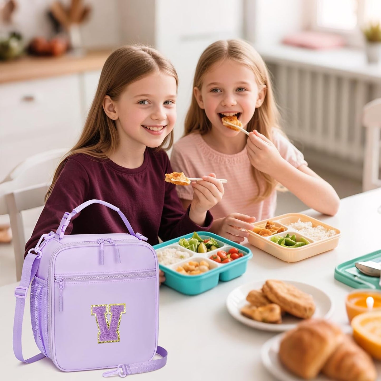 Initial Insulated Lunch Bag for Girls Kids, Back to School Gift, Reusable Leak-proof Lunch Box with Adjustable Strap for School Daycare Travel Picnic (Purple,V)
