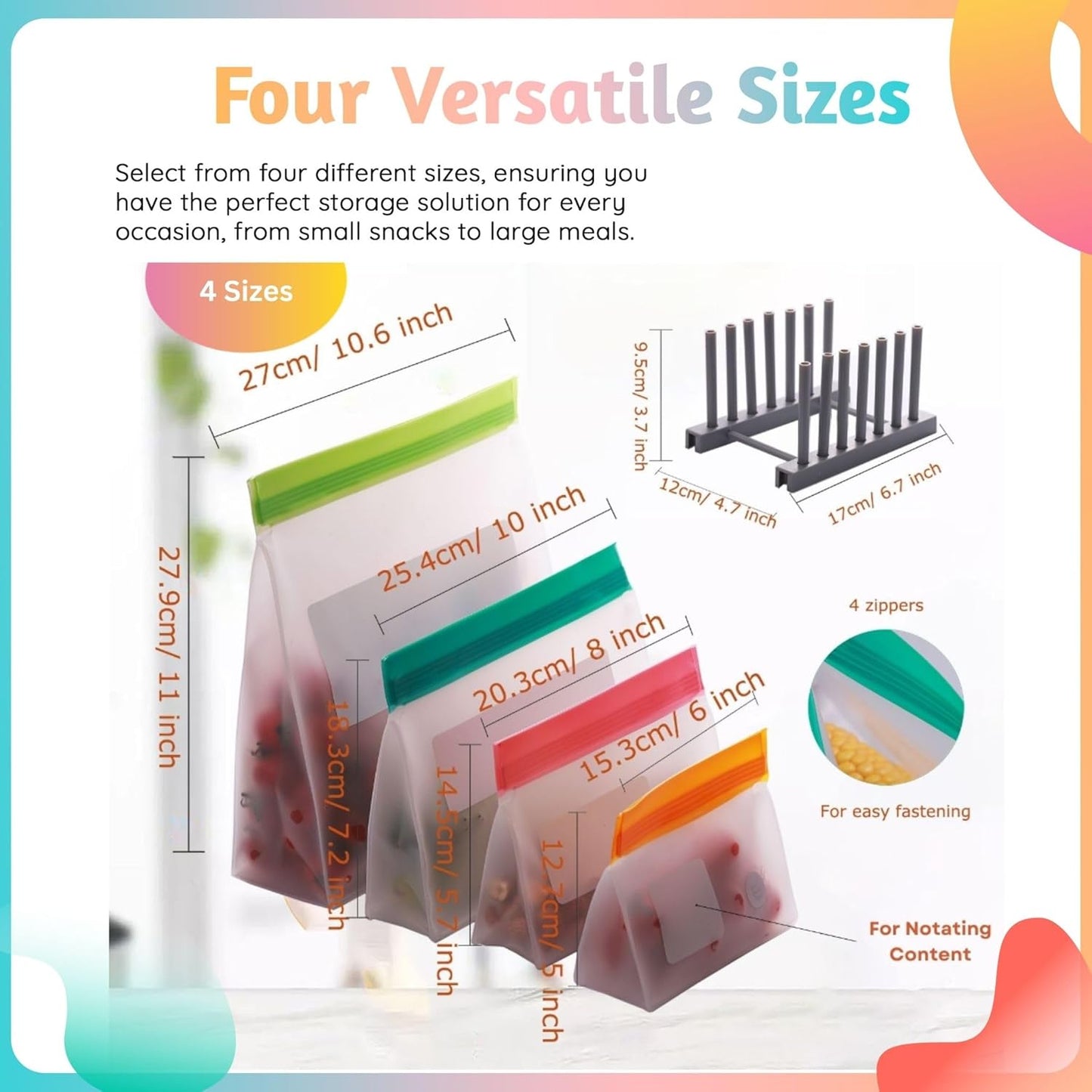 Reusable Silicone Food Storage Bags – 6-Pack Stand-Up, BPA-Free, Freezer, Dishwasher Safe & Eco-Friendly – 6 Gallon Bags – Airtight Leakproof, Organization and Storage Baggies (Multicolor (Green))