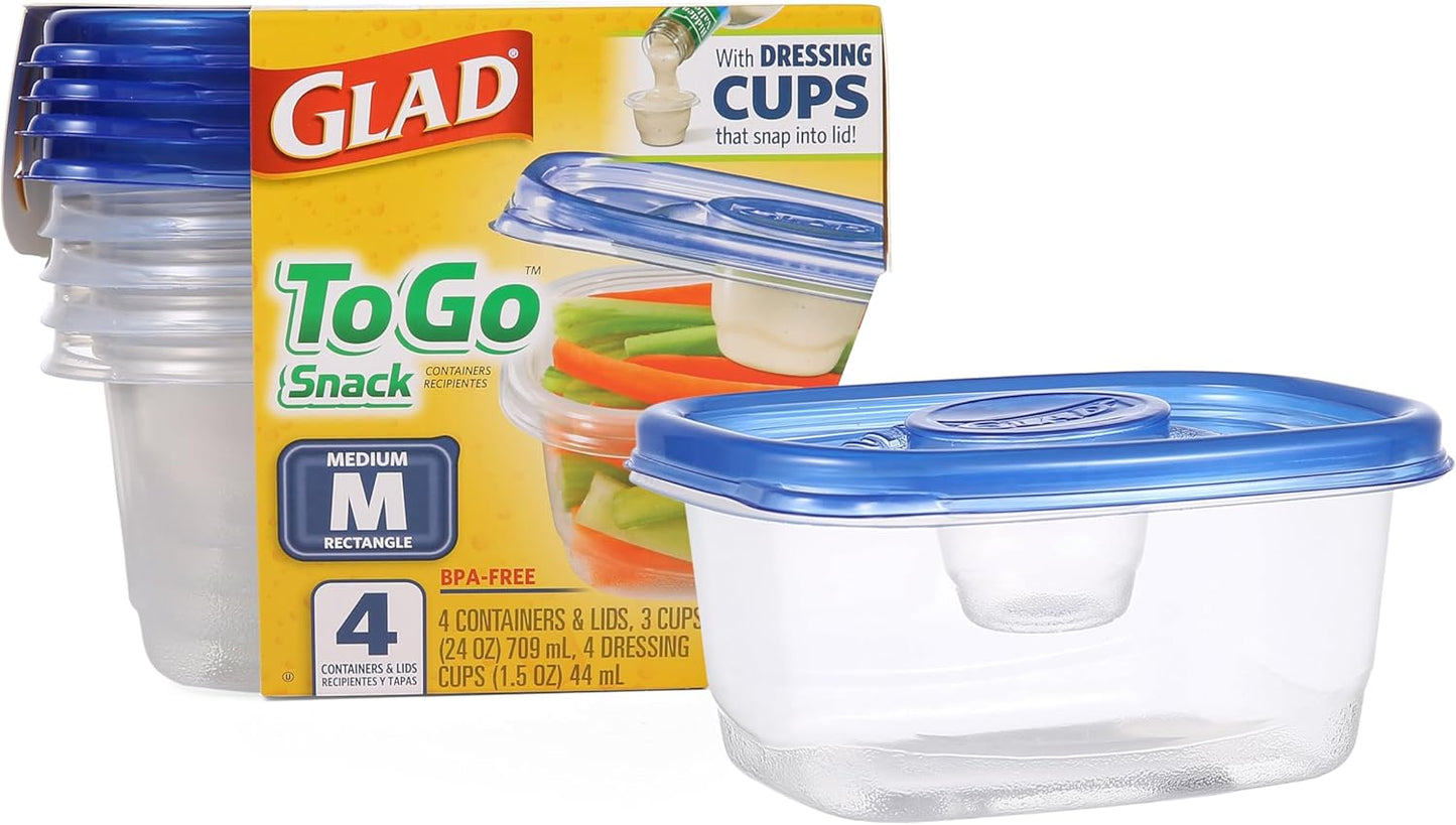 GladWare To Go Snack Food Storage Containers, Medium Rectangle Holds 24 Ounces of Food, 4 Count Set | Tupperware, Plastic Food Container, Meal Prep Container, Plastic Containers with Lids