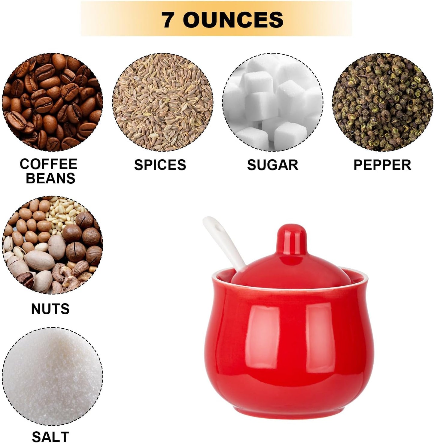 Ceramic Sugar Bowl with Lid and Spoon, Red Porcelain Sugar Salt Pepper Storage Jar, 8 Ounces