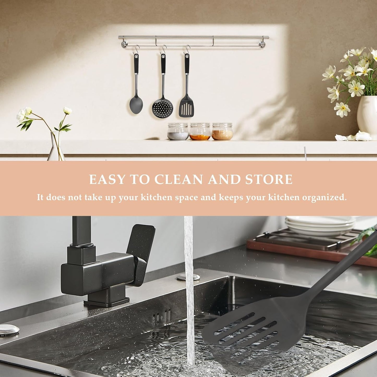 3-Piece Cooking Utensils Set Stainless Steel Large Serving Spoons Set Slotted Spoon Spatula Turner Skimmer Commercial and Residential Use Dishwasher Safe, Black