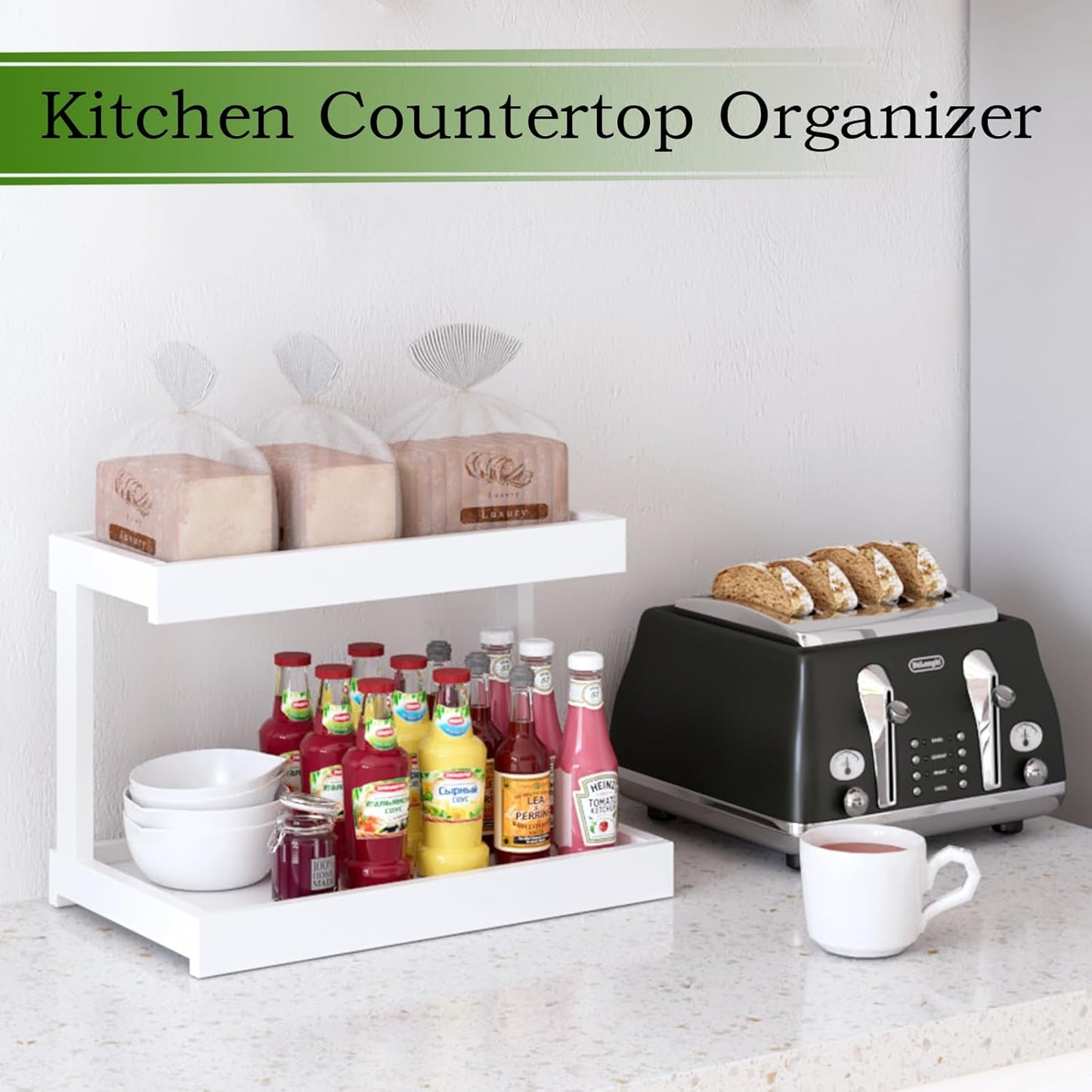 MARTY 2 Tier Spice Rack Organizer for Countertop, 15.8''L White Coffee Station/Bathroom Organizer Countertop, Counter Shelf Desktop Storage Organizer for Kitchen, Bedroom, Office