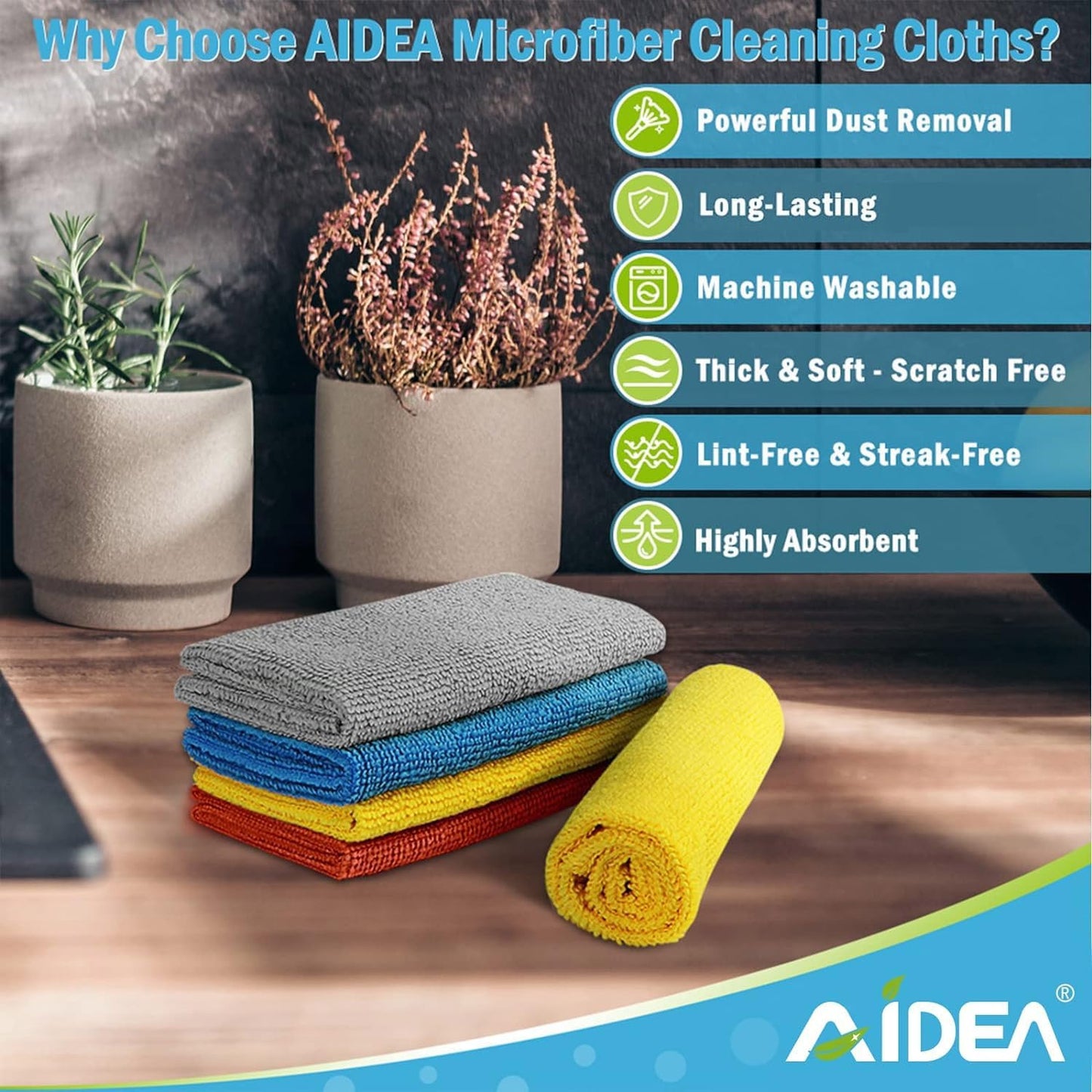 AIDEA Microfiber Cleaning Cloth 8PK, Dusting Cloth Drying Towel, All Purpose Soft Absorbent, Lint Free Rags, Streak Free Wash Cloth for House, Kitchen, Car, Window, 12"×12"