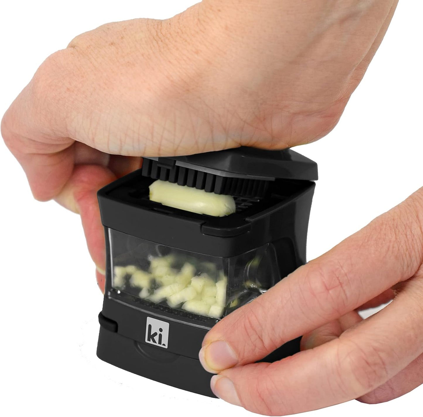 Garlic-A-Peel Garlic Press, Crusher, Cutter, Mincer, and Storage Container - Includes Silicone Garlic Peeler - Easy to Clean - Stainless Steel Blades – (Black), standard