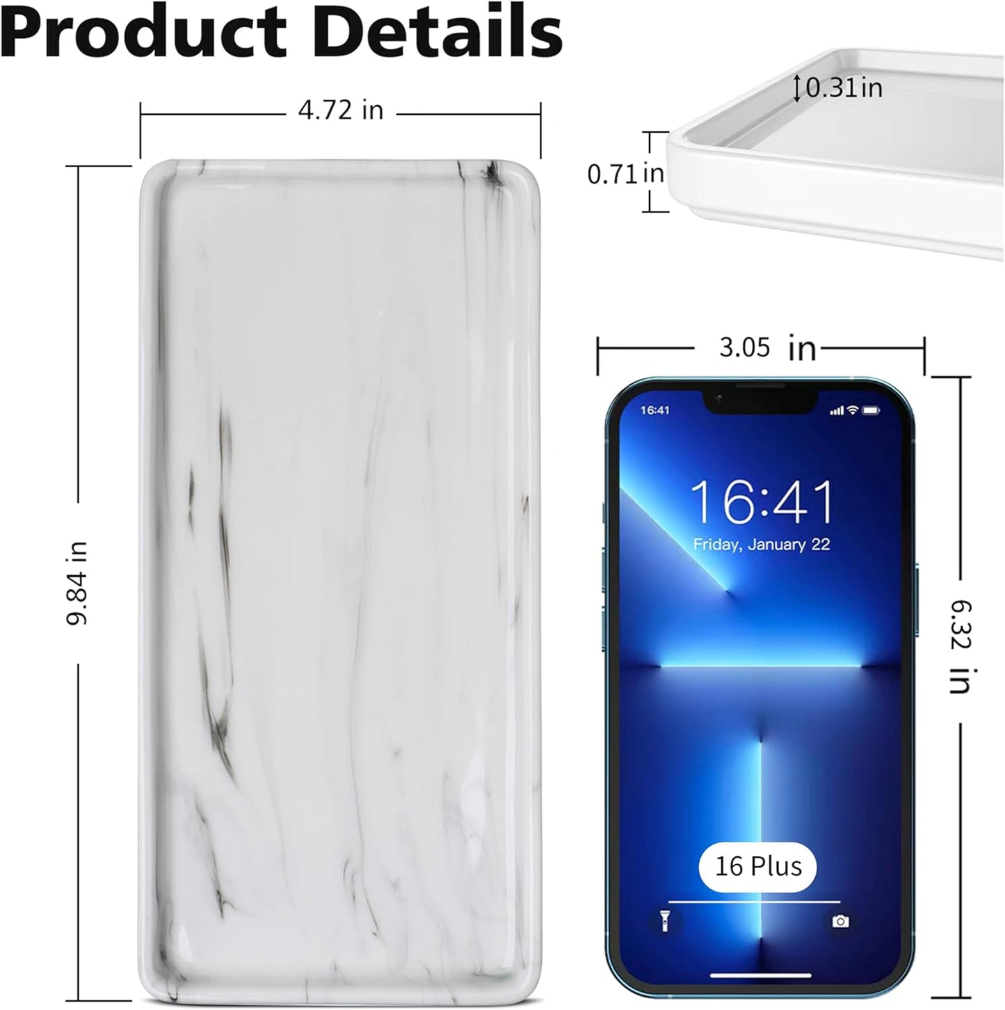 Gurygo 10" Bathroom Tray for Counter, Ceramic Vanity Trays for Bathroom, Small Rectangle Ceramic Trays, Kitchen Soap Ceramic Tray for Kitchen Counter, (Marble White, Set/1)