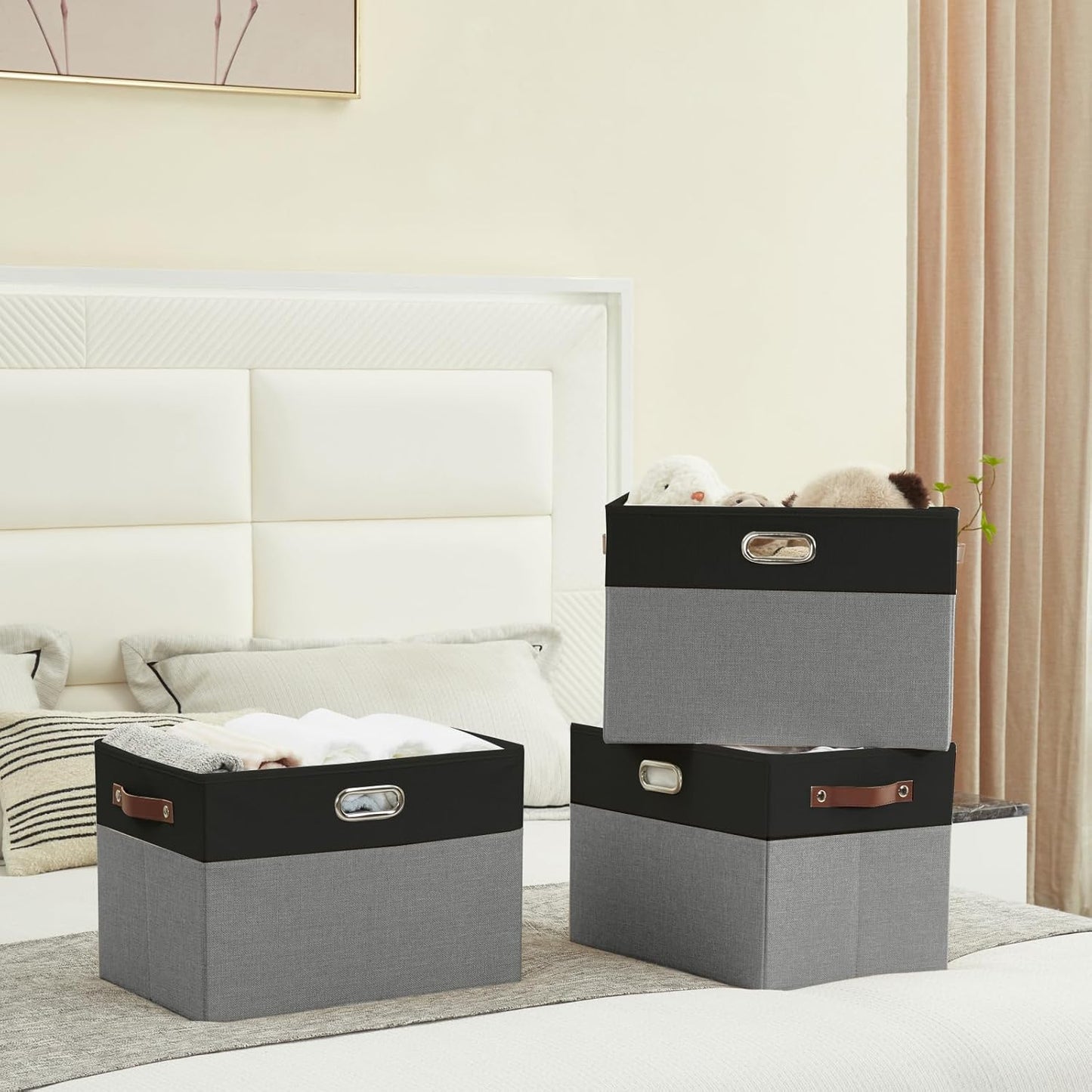 Large Collapsible Fabric Storage Bins with 3 Handles, Foldable Organizer Baskets for Closet, Shelves, Living Room | 3 Pack, Durable PU & Metal Handles (17"x11.8"x11.8", Black & Gray)