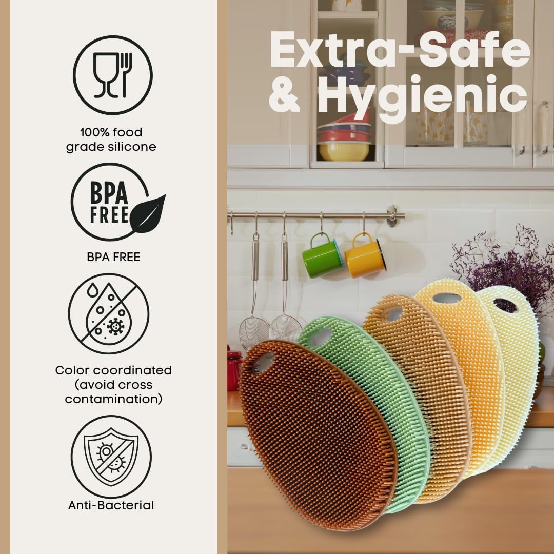 Silicone Sponge Dish Scrubber - Food Grade and Housecleaning - BPA Free Silicone Kitchen Scrubber [5 Pack Ovals Fall]