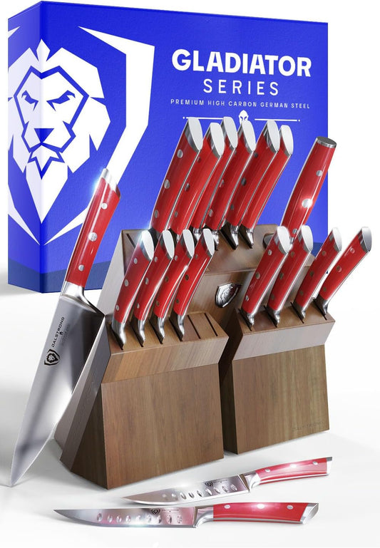 DALSTRONG Gladiator Series Elite-18pc Stainless Steel Knife Set with Block-High Carbon German Steel-Acacia Wood Block-Knife Set w/Red Handles-NSF Certified-Men's Valentines Gift