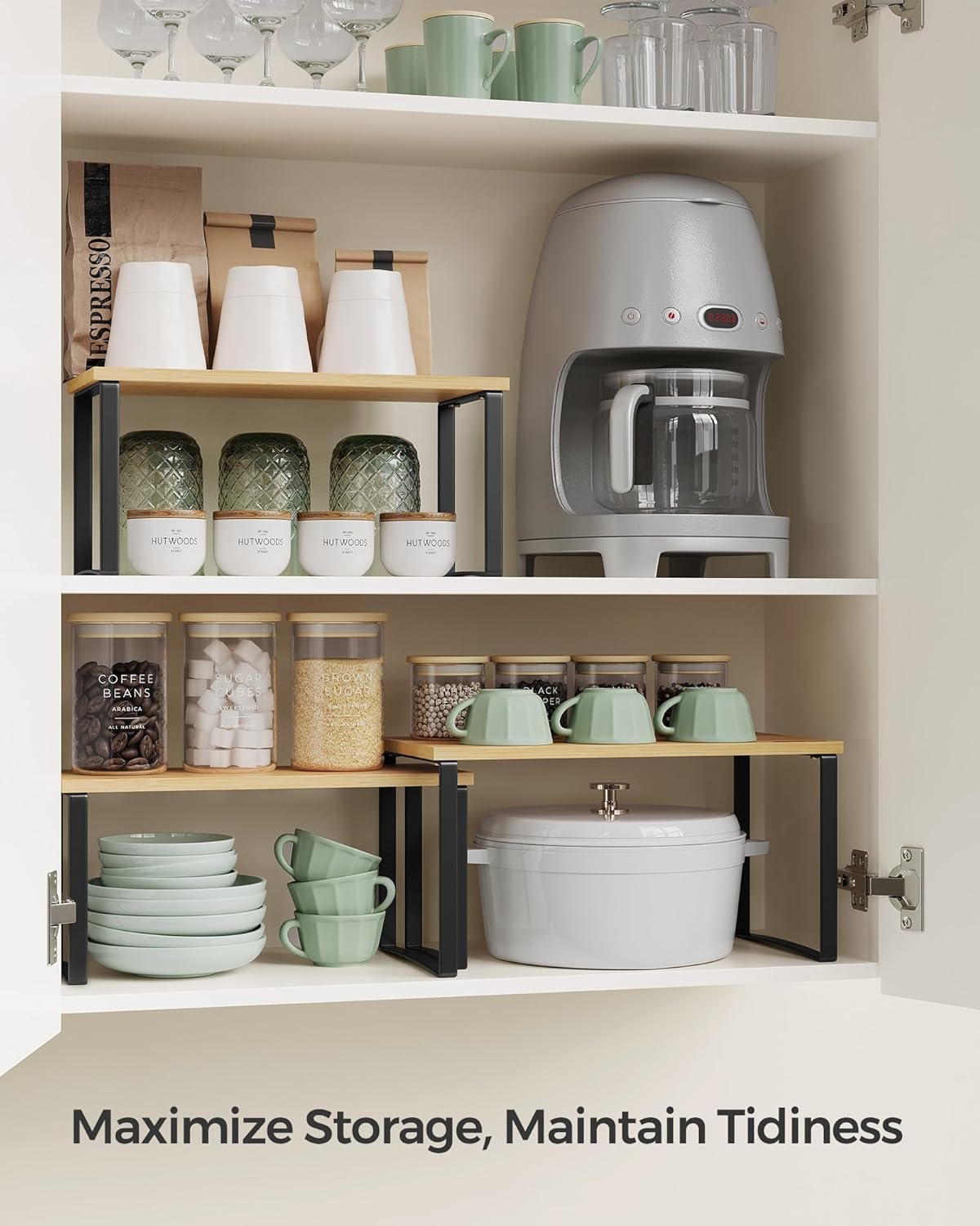 SONGMICS Cabinet Organizer Shelf, Set of 3 Kitchen Counter Shelves, Kitchen Storage, Spice Rack, Stackable, Expandable, Ink Black and Natural Beige UKCS014B01