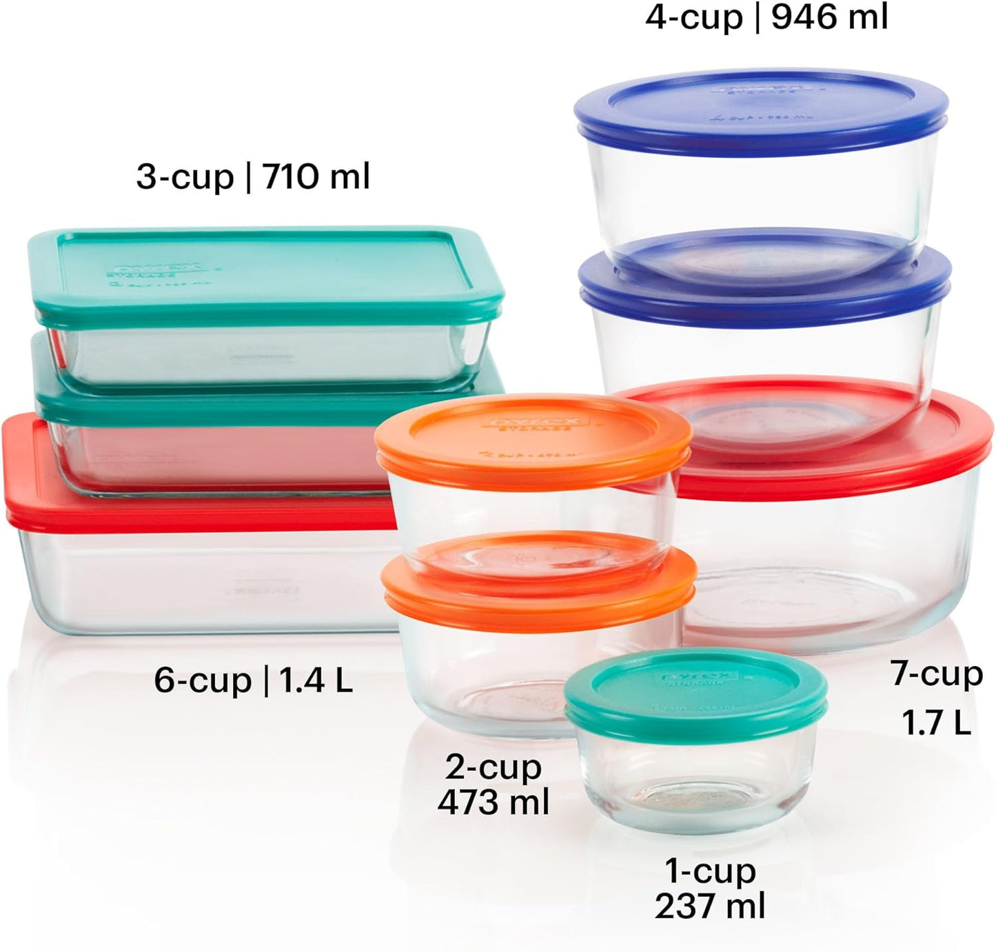 Pyrex Simply Store 9-Pack Mixed Sized Glass Food Storage Set, Round & Rectangular Containers With Lids, BPA-Free, Dishwasher & Microwave Safe