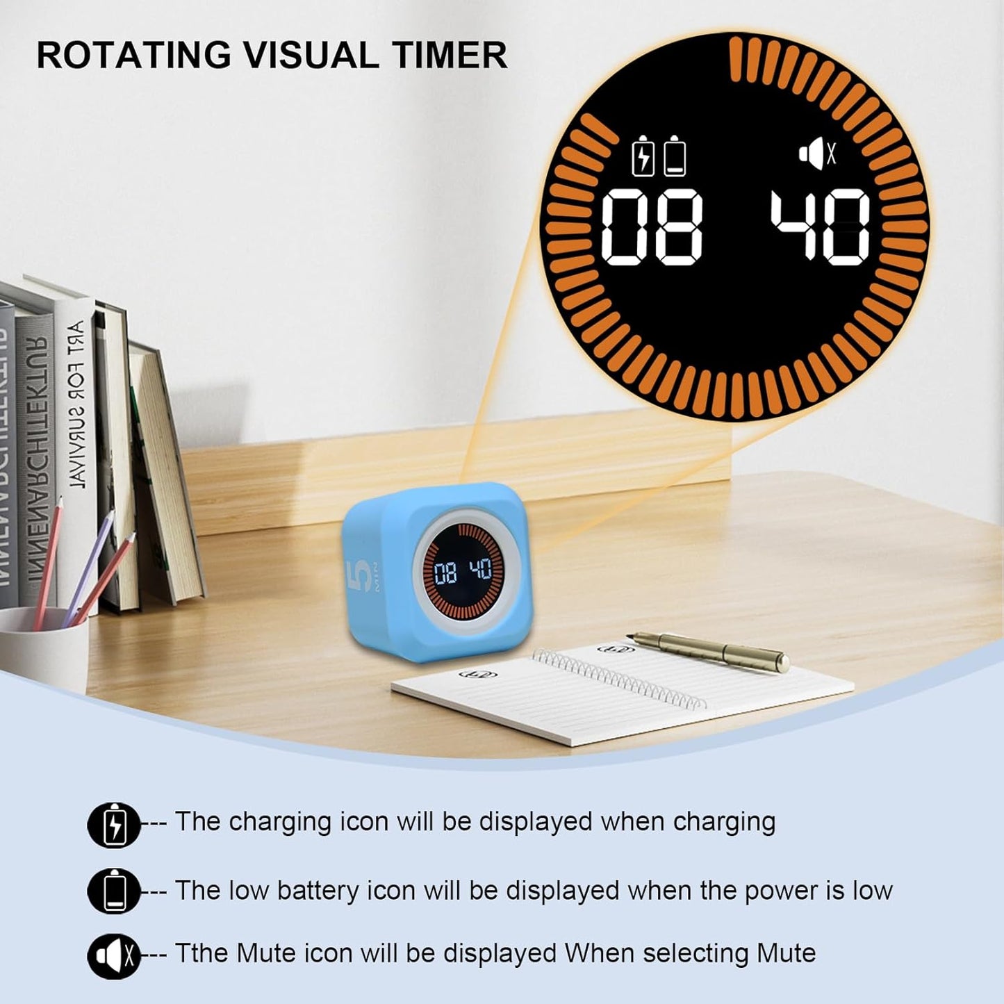 FCXJTU Rotating Pomodoro Cube Visual Timer 5, 25, 10 50 Minutes Preset, Rechargeable Desk Productivity Flip Timer w/Silicone Cover Custom Countdown, Silent Mode for ADHD, Study, Work, School(Blue)
