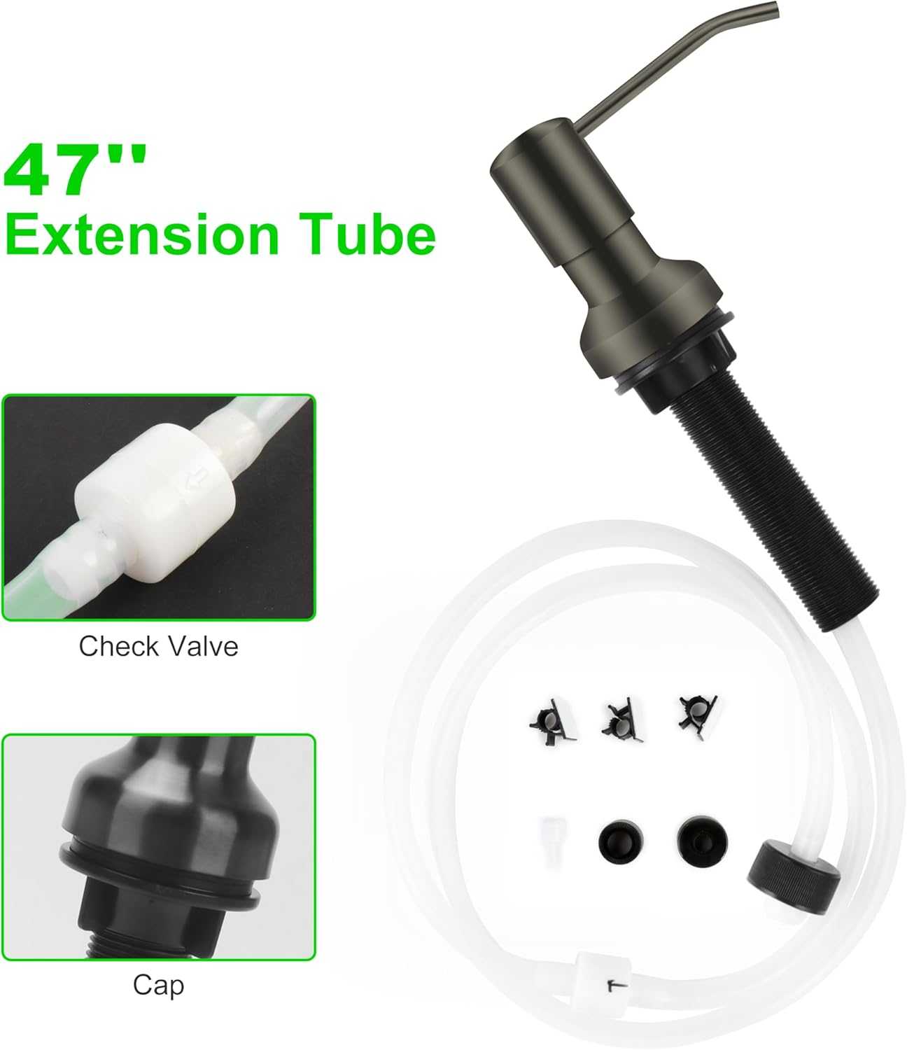 Soap Dispenser for Kitchen Sink, Sink Soap Dispenser with Longer Threaded Shaft, Stainless Steel Pump with 47" Extension Tube, Connects Directly to Dish Soap Container, Wide Pump Head Base（Gray）