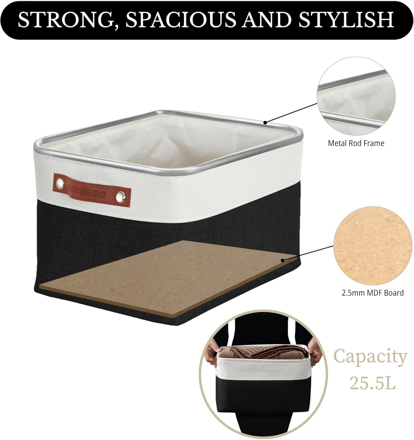 DECOMOMO Storage Baskets for Shelves - Fabric Storage Bins, Linen Closet Organizers and Storage (Black & White, Large - 3 Pack)