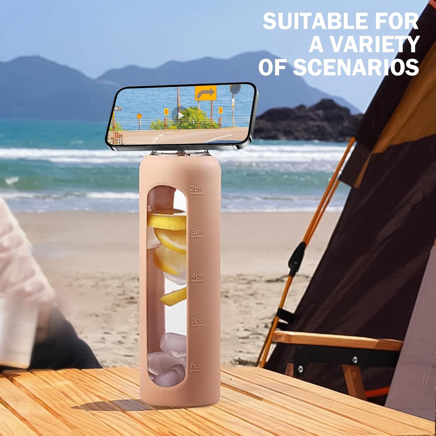 32oz Glass Water Bottle with Straw and 2 Lids- Bamboo Straw and Spout Lid with Phone Holder for Gym, Glass Drinking Bottles with Silicone Sleeve and Motivational Time Marker, Amber