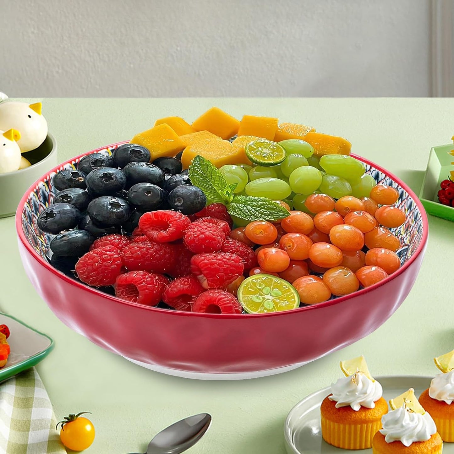 75 Oz Serving Bowls,Bohemian Style Large Porcelain Dishes for Entertaining Parties,Big Bowls for Eating Soup, Salad, Pasta, Fruit, Chips, 10.3 Inch Diameter (blue.red)