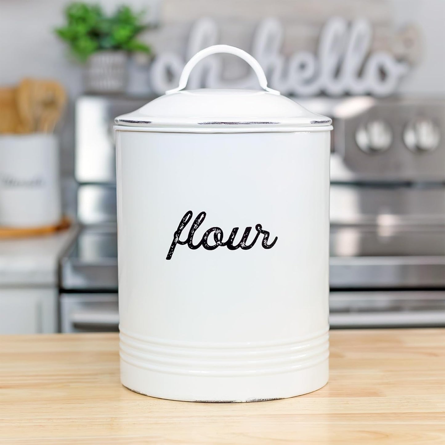 AuldHome Design Enamelware White Flour Canister; Rustic Distressed Style Staples Storage for Kitchen