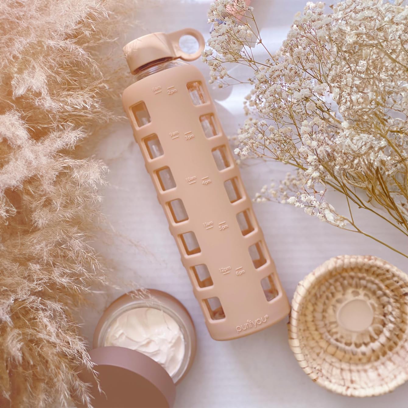 purifyou 40oz / 32oz / 22oz / 12oz Borosilicate Glass Water Bottle with Time & Volume Markers, Silicone Sleeve, Stainless Steel Lid – Reusable Glass Bottle for Water & Juice (32oz Hazelnut)