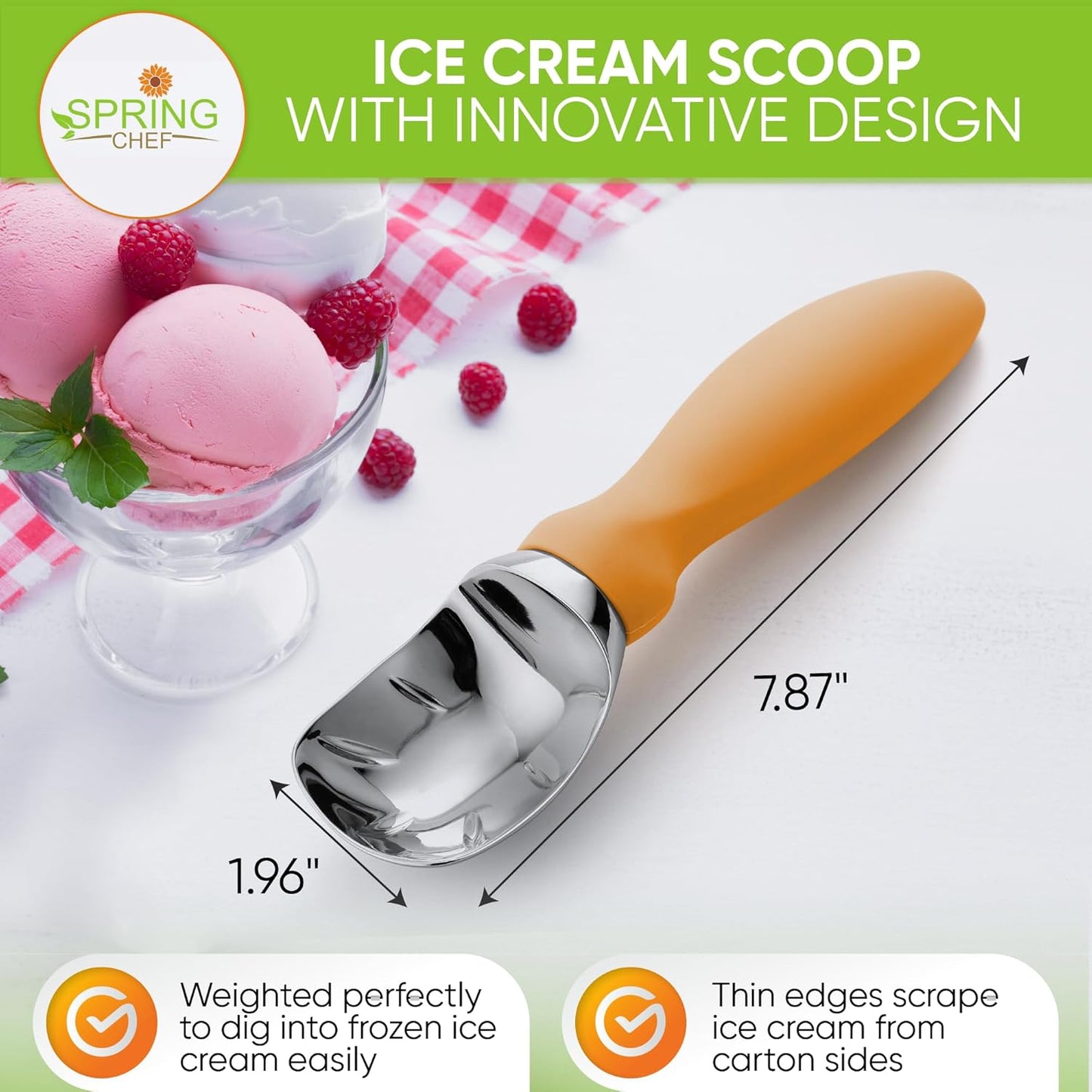 Spring Chef Metal Ice Cream Scoop with Soft Grip Handle - Heavy Duty Sturdy Ice Cream Scooper for Frozen Yogurt, Gelato, Sorbet, Sundae, Melon - Dishwasher Safe Kitchen Tool - Set of 2 - Mango