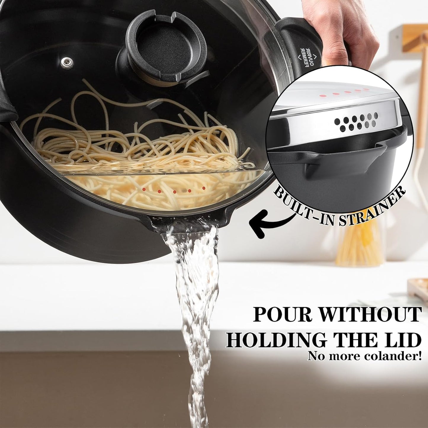 ACTIV CUISINE 5qt Pasta Pot with Strainer Lid, Cast Aluminum Stockpot Multipot, Nonstick Ceramic Coating make Cleanup easy with Tempered Glass Lid, Dishwasher Safe, Induction, Black