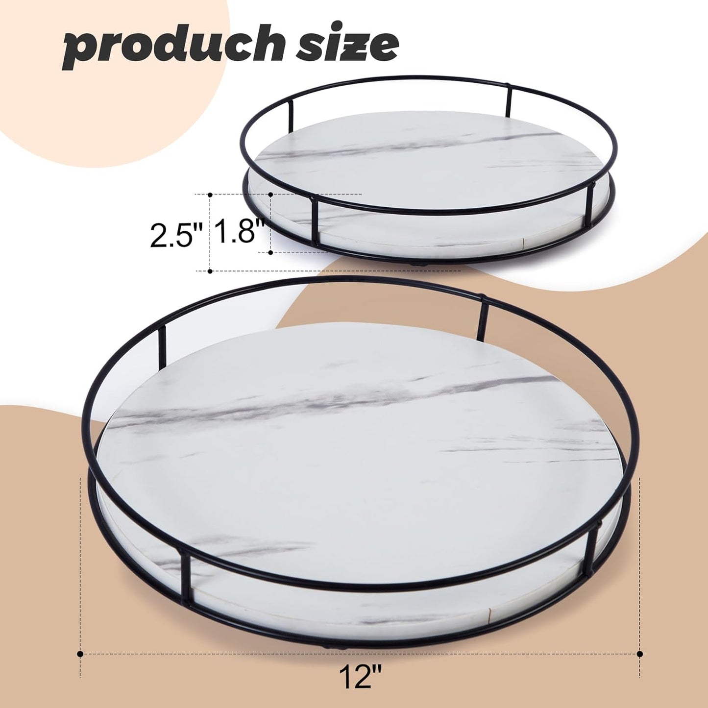 12 Inch White Wood Lazy Susan Turntable for Table, Kitchen Rustic Brown Turntable Organizer with Steel Frame, 360 Degree Decorative Lazy Susan for Countertop Cabinet or Centerpieces