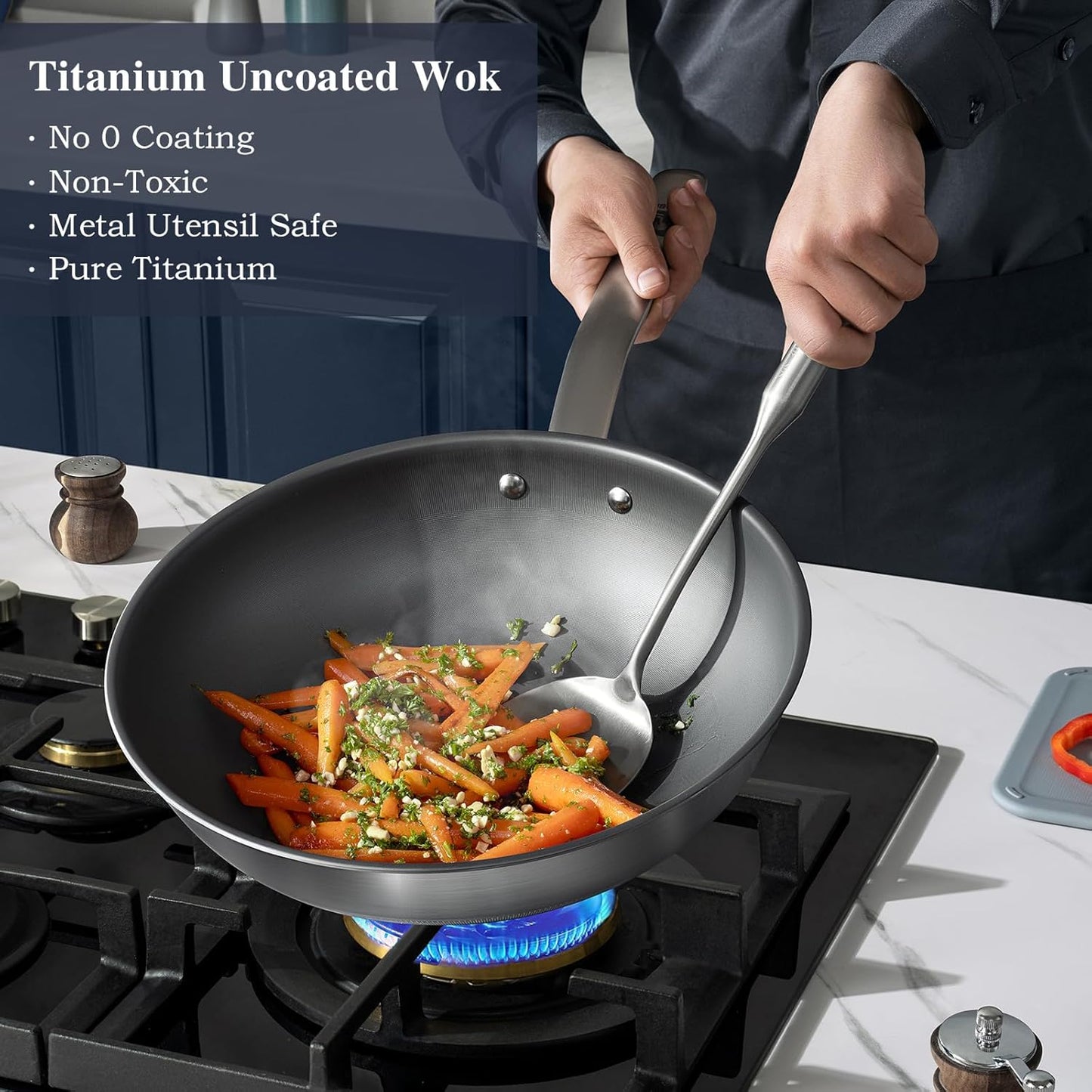 13 in Titanium Wok with Lid – Nonstick Wok & Stir-Fry Pan, All Stovetops & Induction Safe, Oven & Dishwasher Safe, Non-Toxic, No Coating – Durable Titanium Cookware, Frying Pan & Pot
