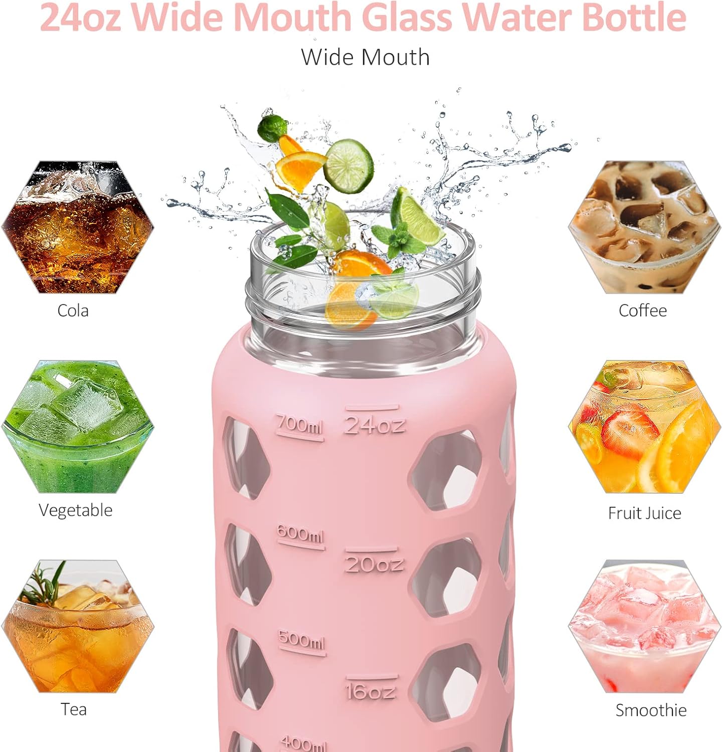 MUKOKO 24oz Glass Water Bottle with 2 Lids-Handle Flip Lid&Bamboo Straw Lid,Motivational Water Tumbler with Time Marker Reminder and Silicone Sleeve, Leakproof-Pink